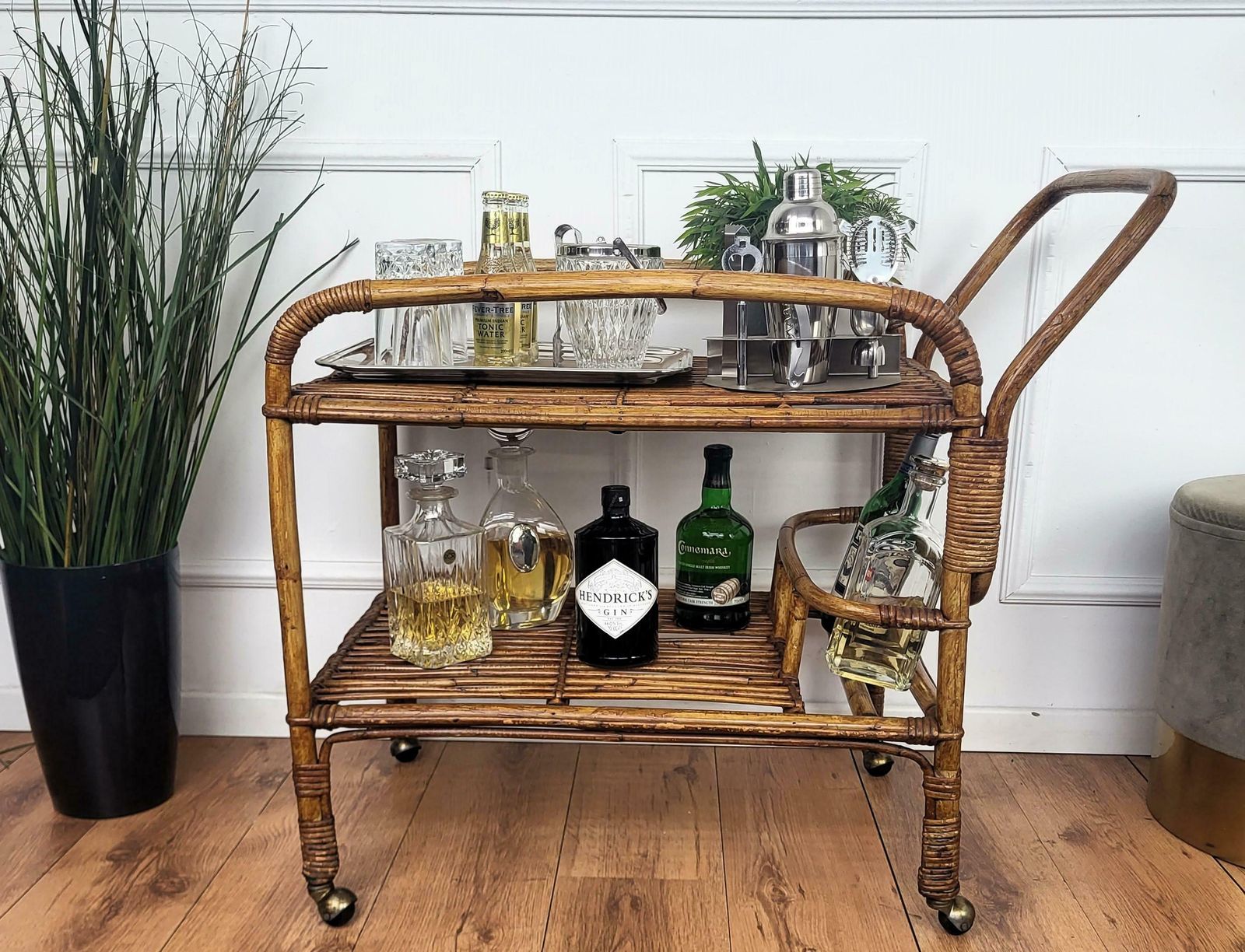 1970s Italian Bamboo Rattan Bohemian French Riviera Serving Bar Cart Cabinet photo Furniture