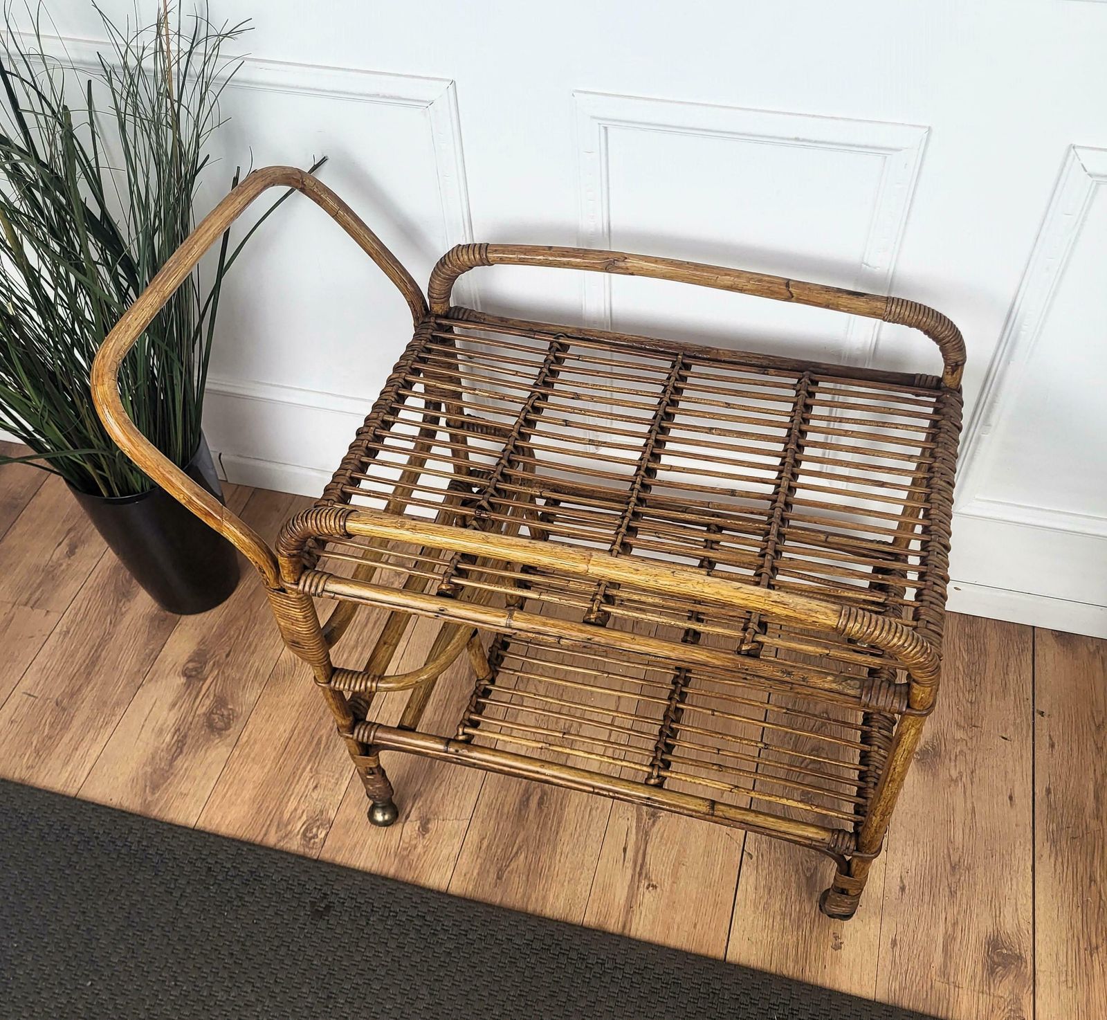 1970s Italian Bamboo Rattan Bohemian French Riviera Serving Bar Cart Cabinet photo vinterior