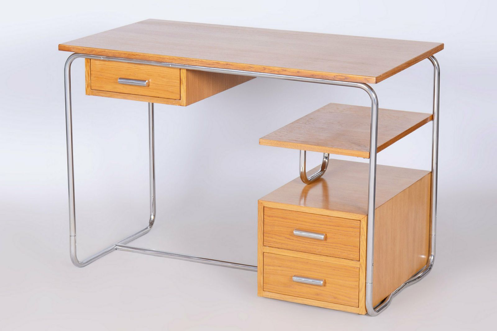 Restored Bauhaus Writing Desk, Oak, Chrome Plated Steel, Germany, 1930s