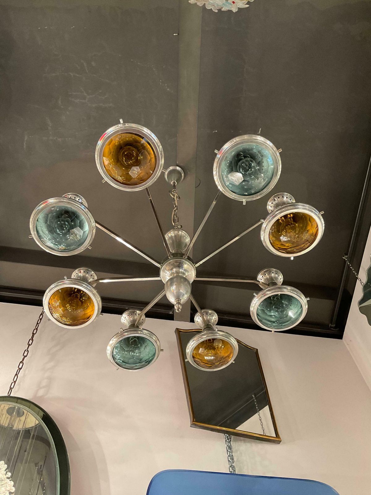 Stilnovo Chandelier Metal Crome Colored Faceted Glass 1950 Italy photo for sale