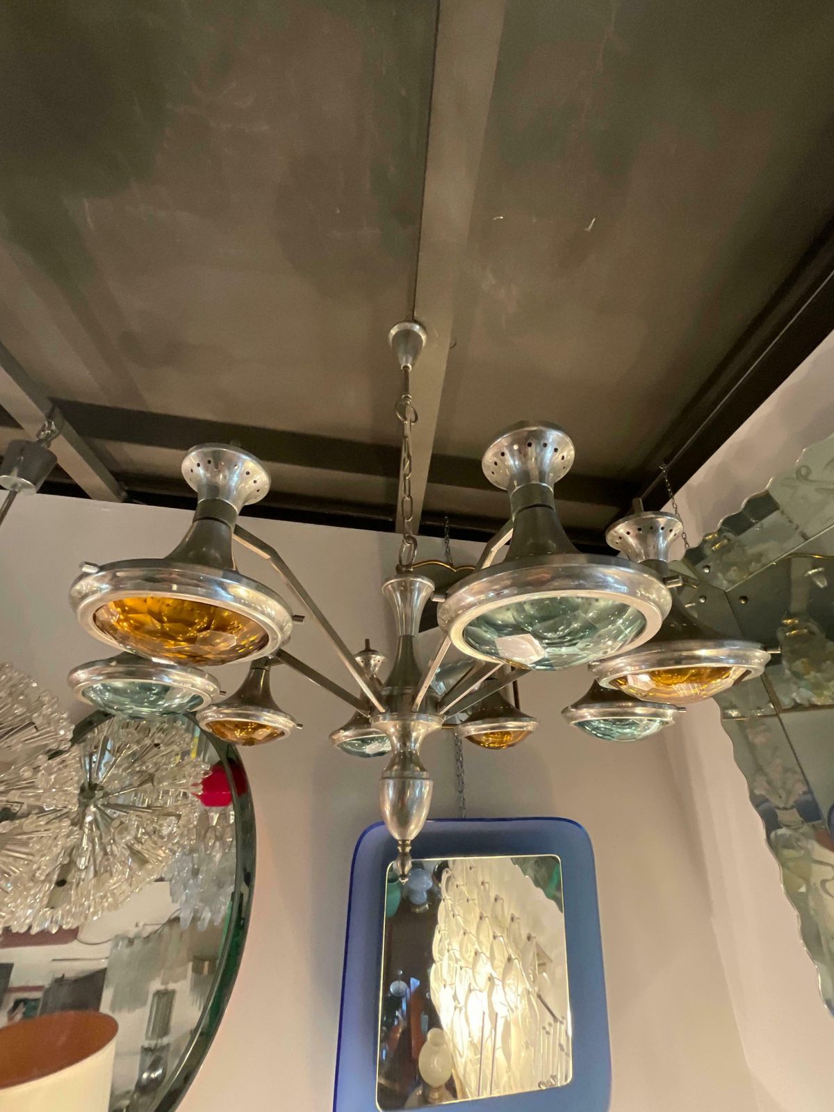 photo furniture Stilnovo Chandelier Metal Crome Colored Faceted Glass 1950 Italy