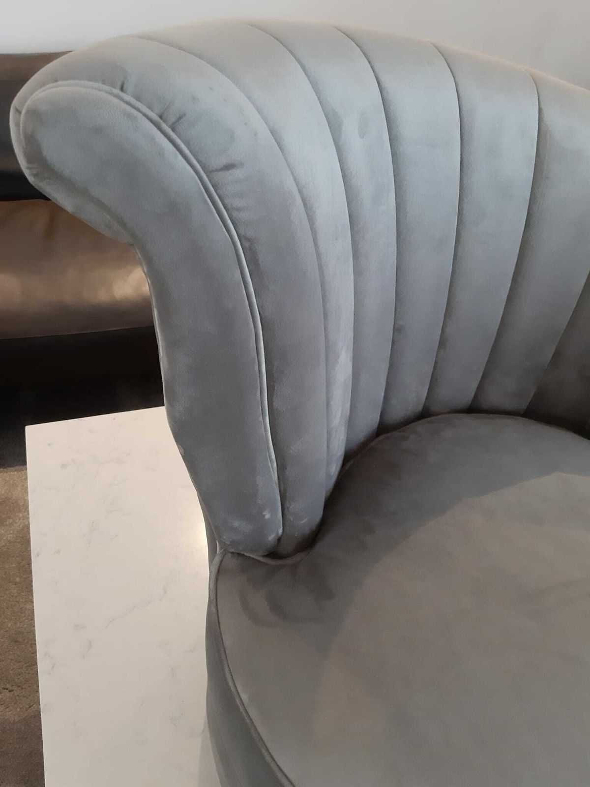 photo vintage Fluted Back Lounge Dressing Room Chair Gold Swivel Base Grey Crushed Velvet