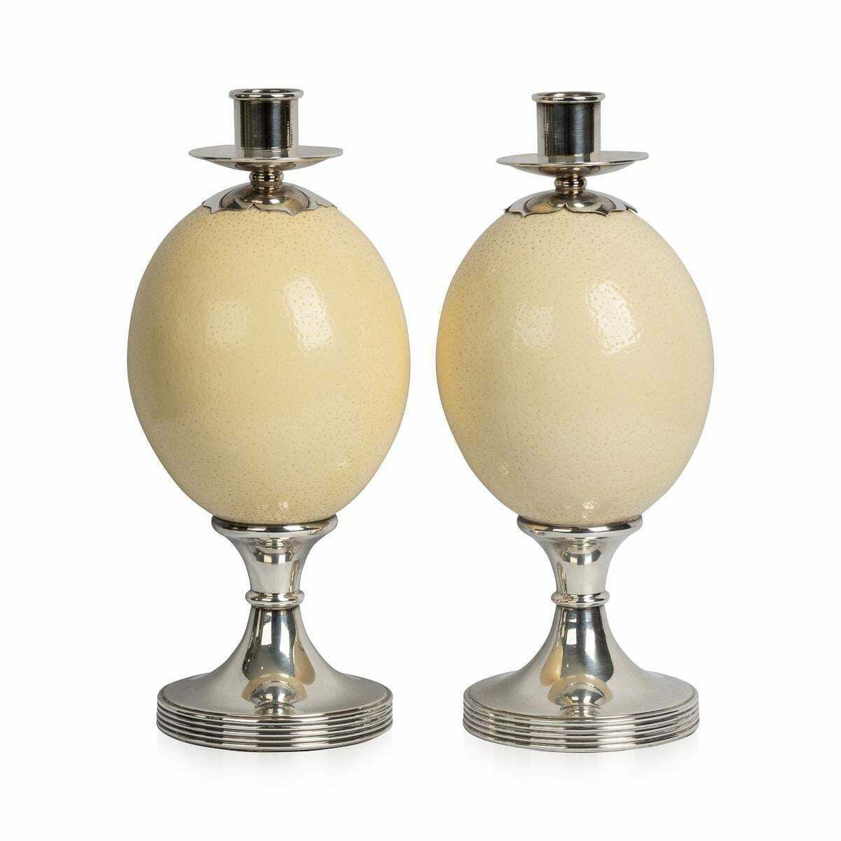 Pair Of Ostrich Egg Mounted Silver Plate Candlesticks, Anthony Redmile C.1970 photo furniture