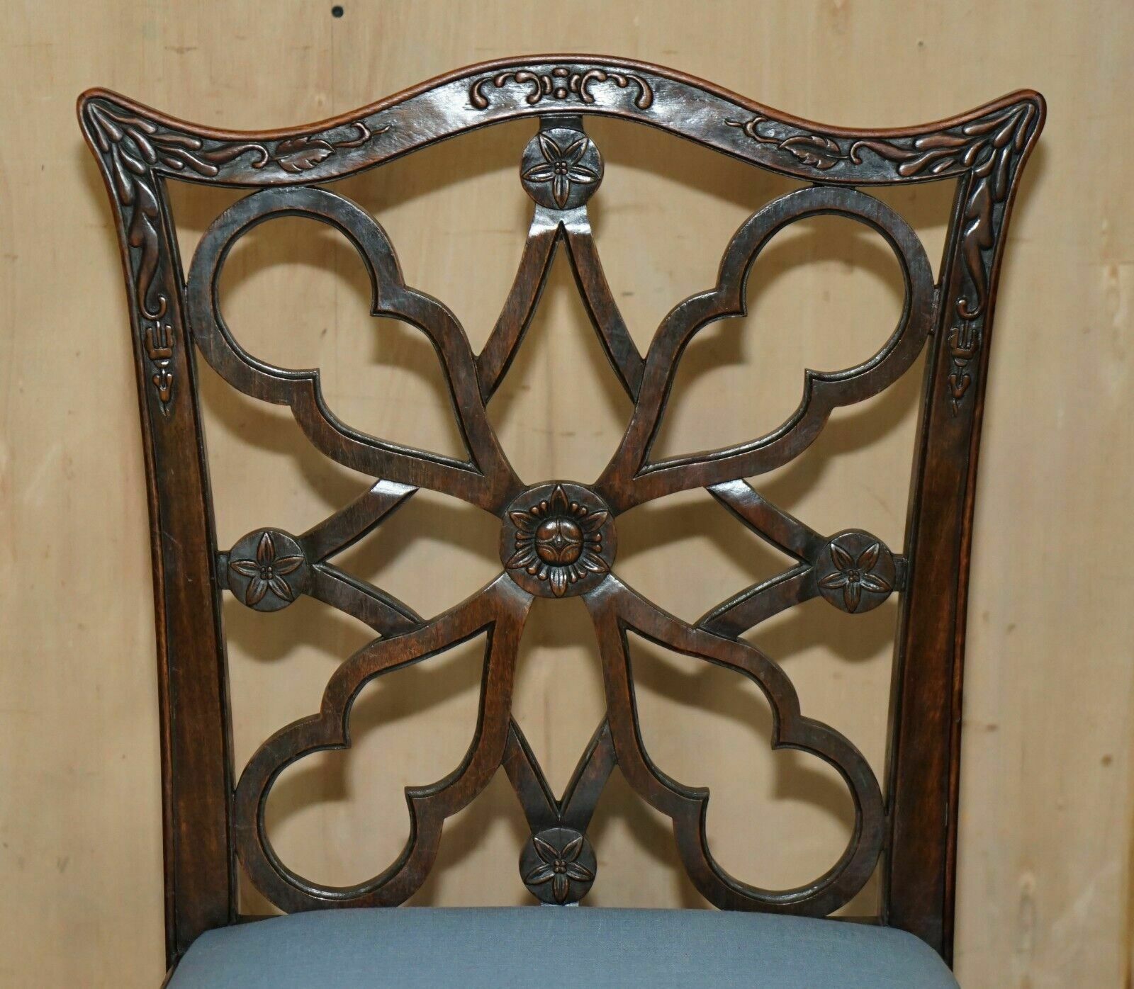 Four Antique Colonial Thomas Chippendale Rosewood Fret Work Carved Dining Chairs photo Furniture