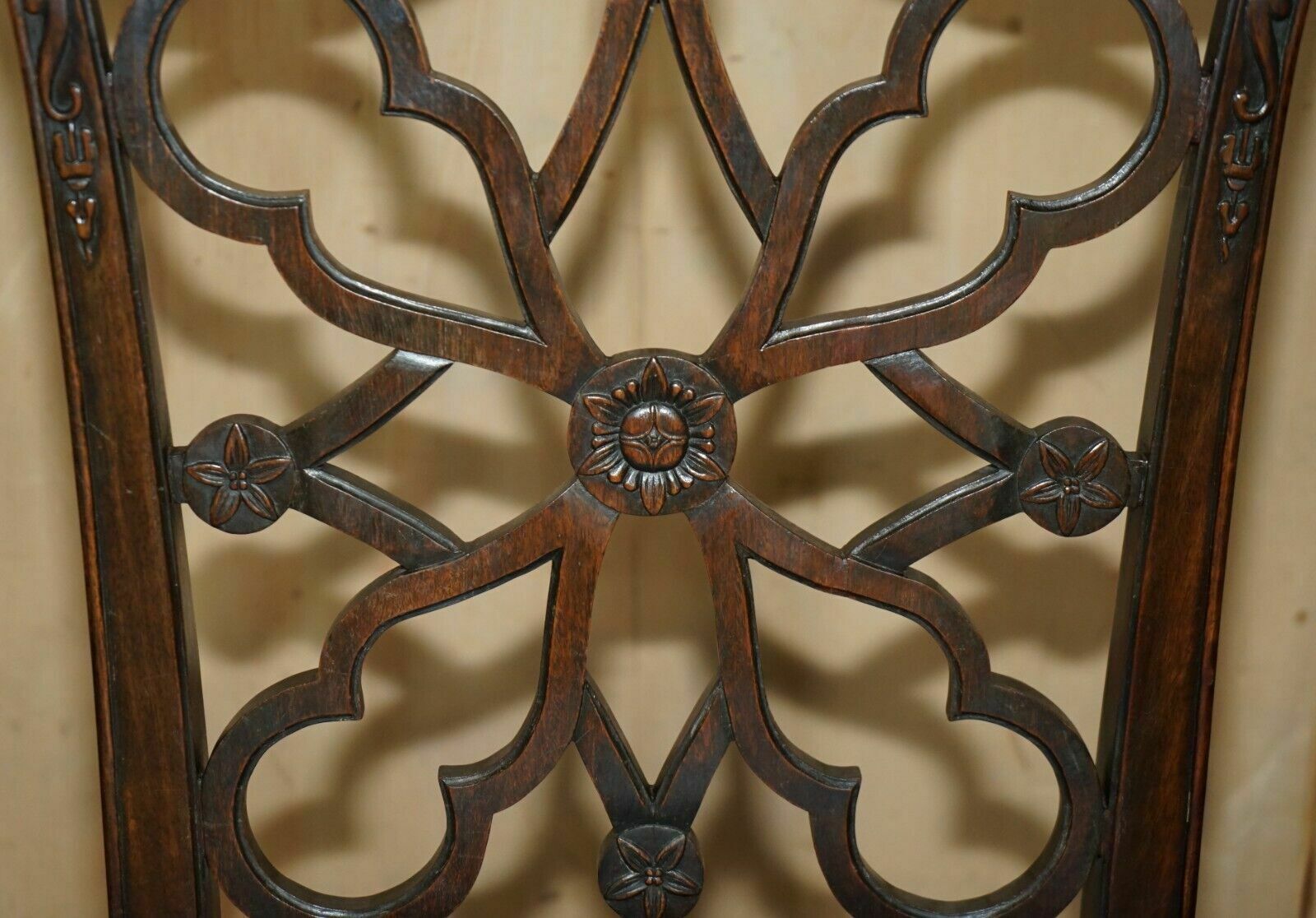 Four Antique Colonial Thomas Chippendale Rosewood Fret Work Carved Dining Chairs photo vinterior