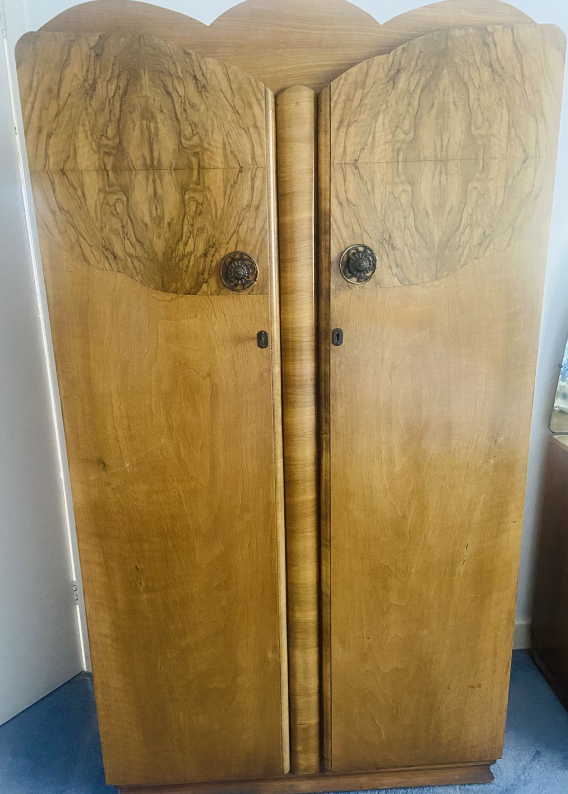 1950's Burr Walnut Bedroom Set, Two Wardrobes And Dressing Table.
