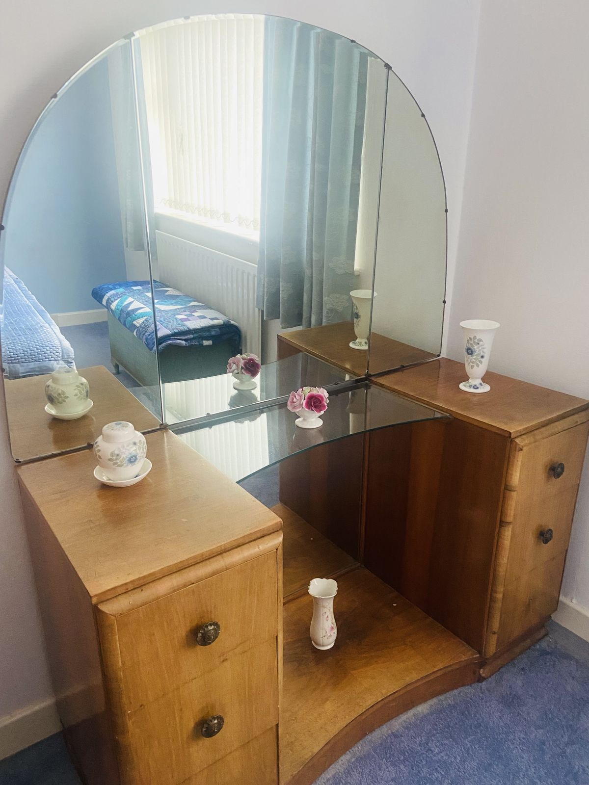 1950's Burr Walnut Bedroom Set, Two Wardrobes And Dressing Table. photo for sale