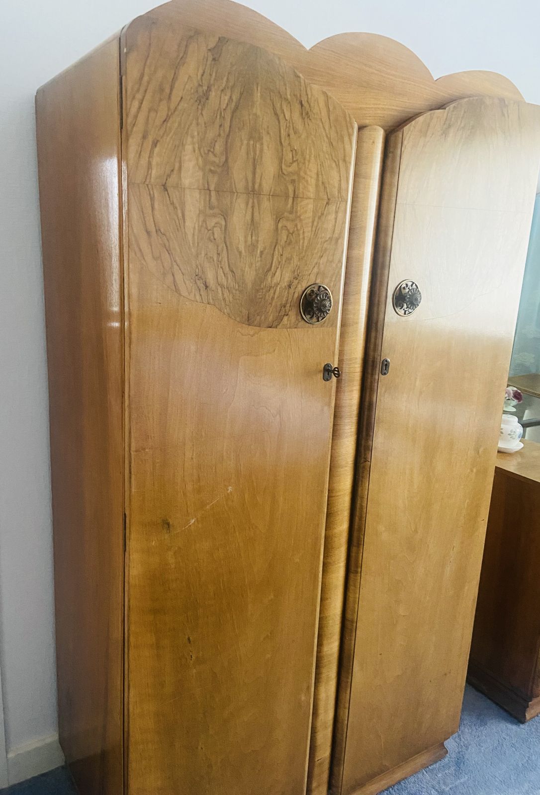 1950's Burr Walnut Bedroom Set, Two Wardrobes And Dressing Table. photo Furniture