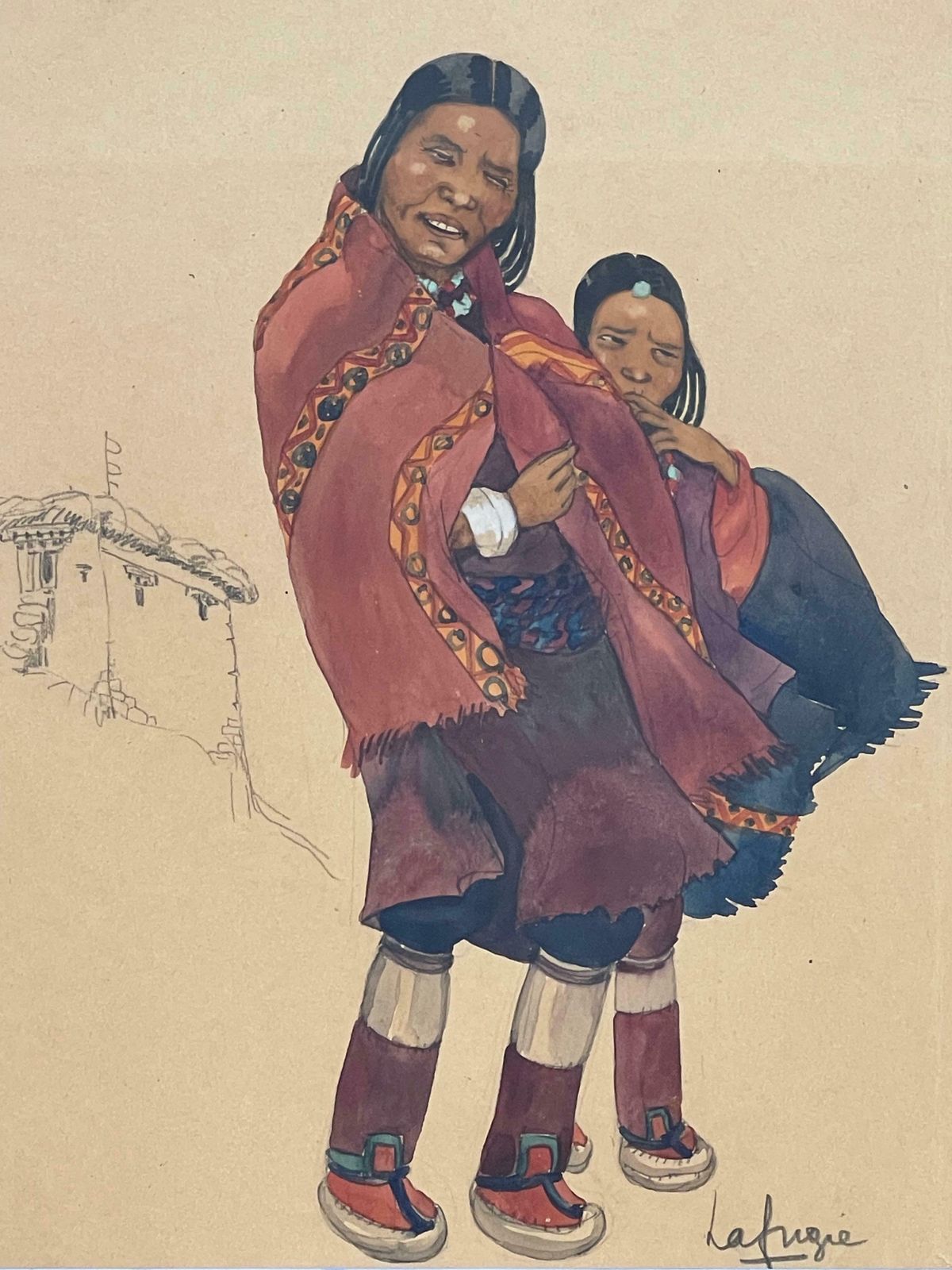 Léa Lafugie (1890 1972), Gouache Of A Tibetan Woman And Child photo Art