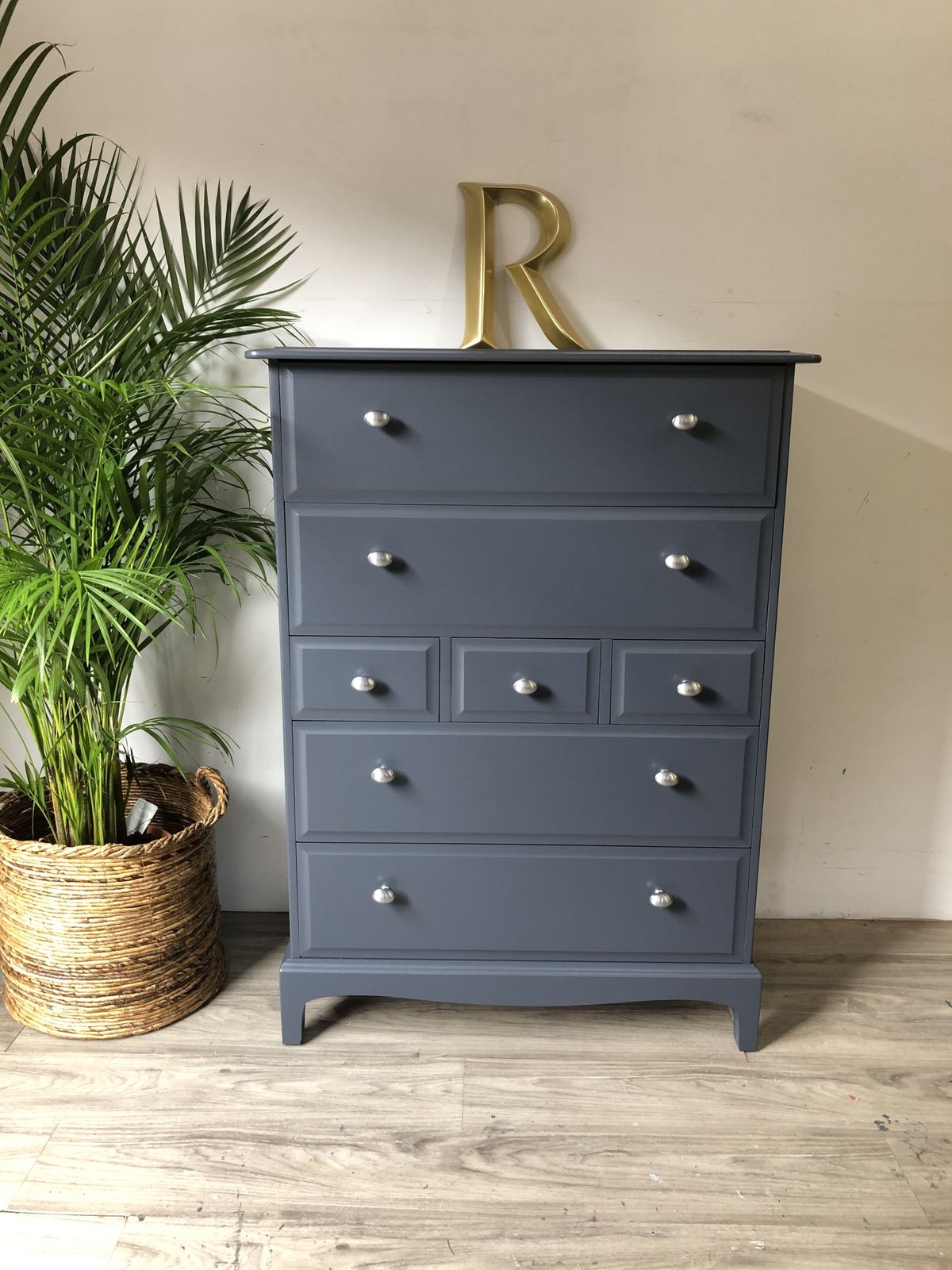 Stag Minstrel Tallboy Chest Of Drawers Blue Satin Chrome Knobs photo furniture