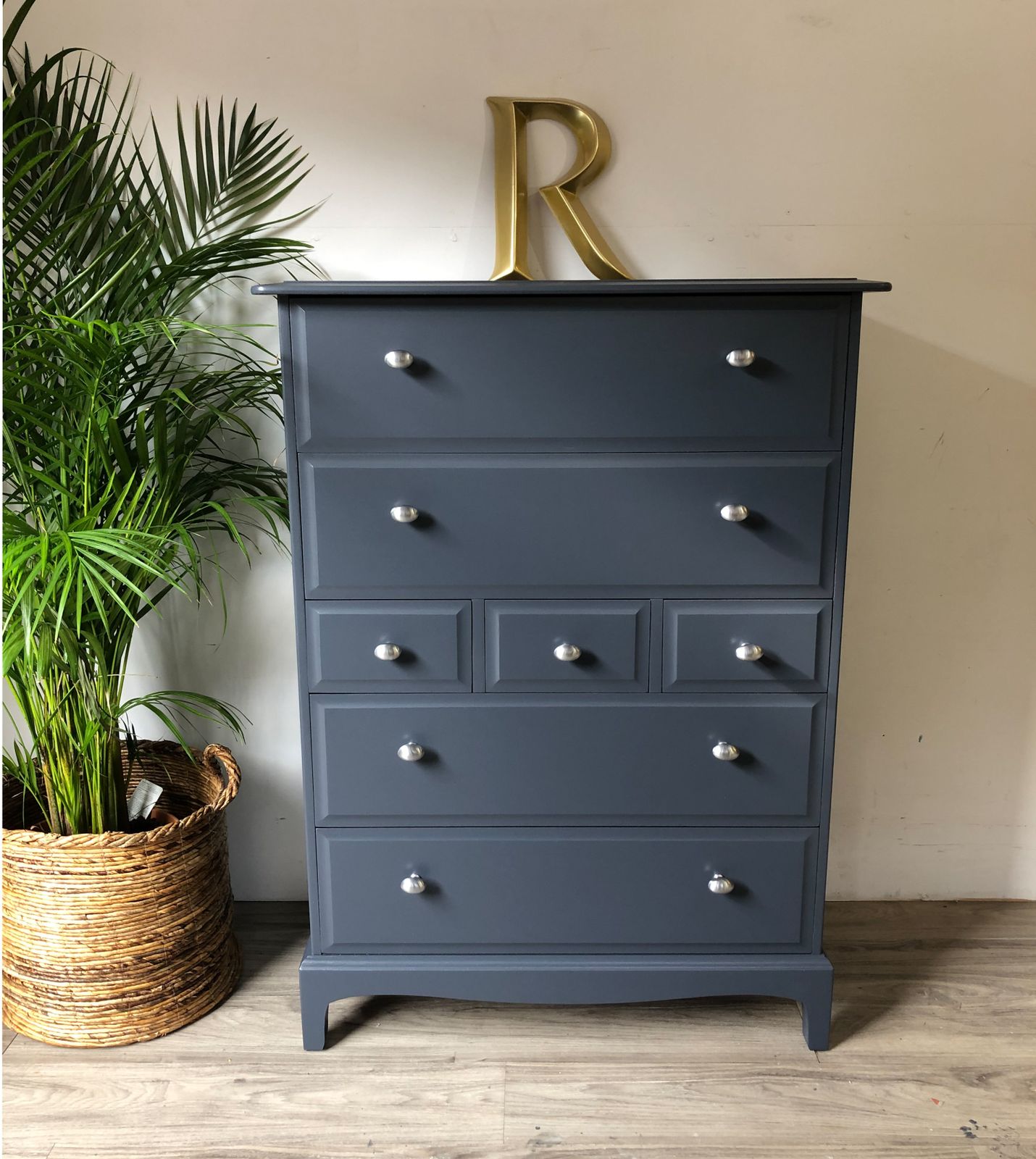 Stag Minstrel Tallboy Chest Of Drawers Blue Satin Chrome Knobs photo buy