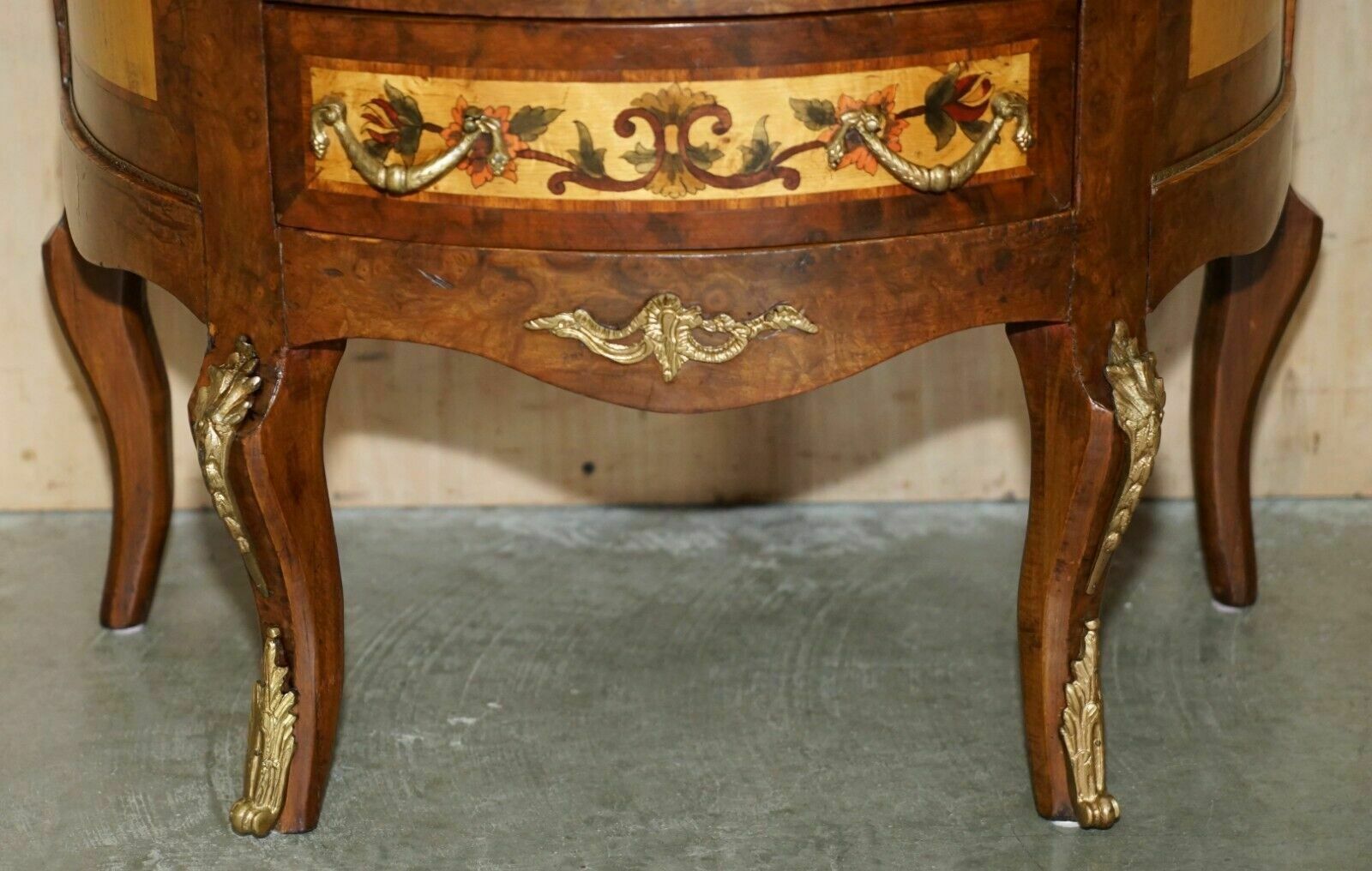 Lovely French Vintage Painted Circa 1940's Burr Walnut Brass Demi Lune Drawers photo vinterior