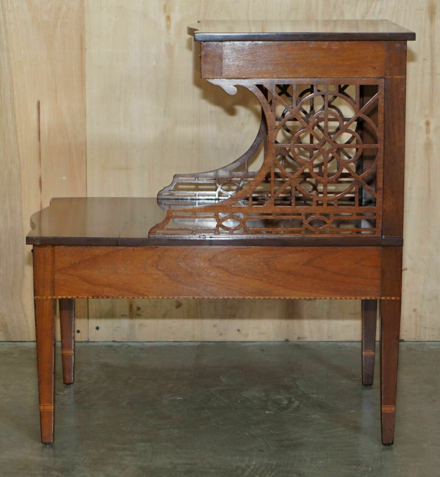 photo vinterior Pair Of Walnut Fret Work Carved Thomas Chippendale Sheraton Revival Side Tables