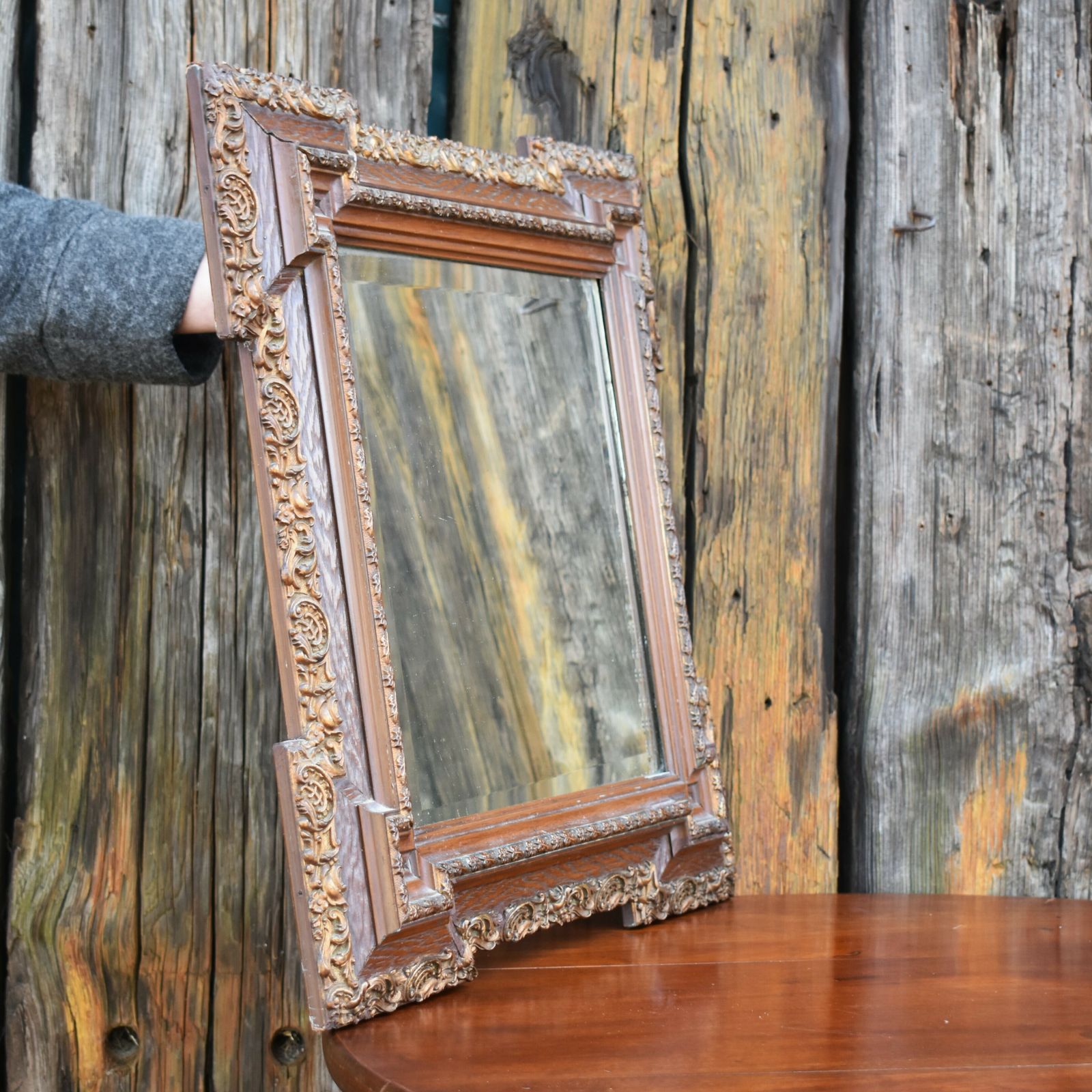 Antique 19th Century Fine Detail Oak And Ormolu Carved Mount Beveled Wall Mirror photo vinterior