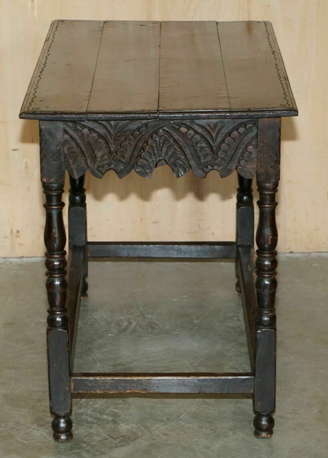 Furniture Antique English 18th Century Jacobean Centre Table With Ornately Carved Apron photo