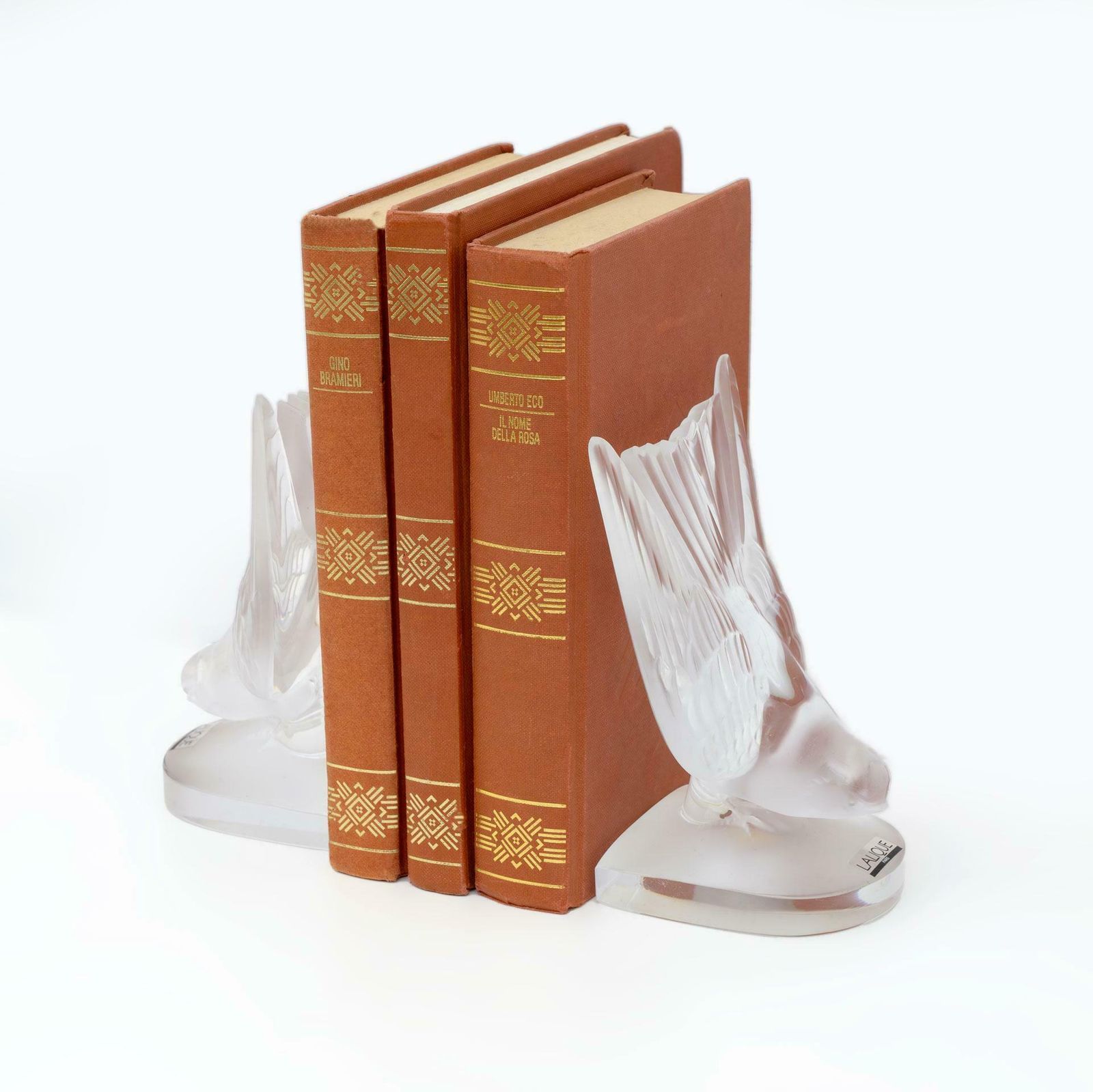 Pair Of Rondini Bookends In Art Deco Crystal By Lalique "Hirondelles" France, 1980s photo 700.0