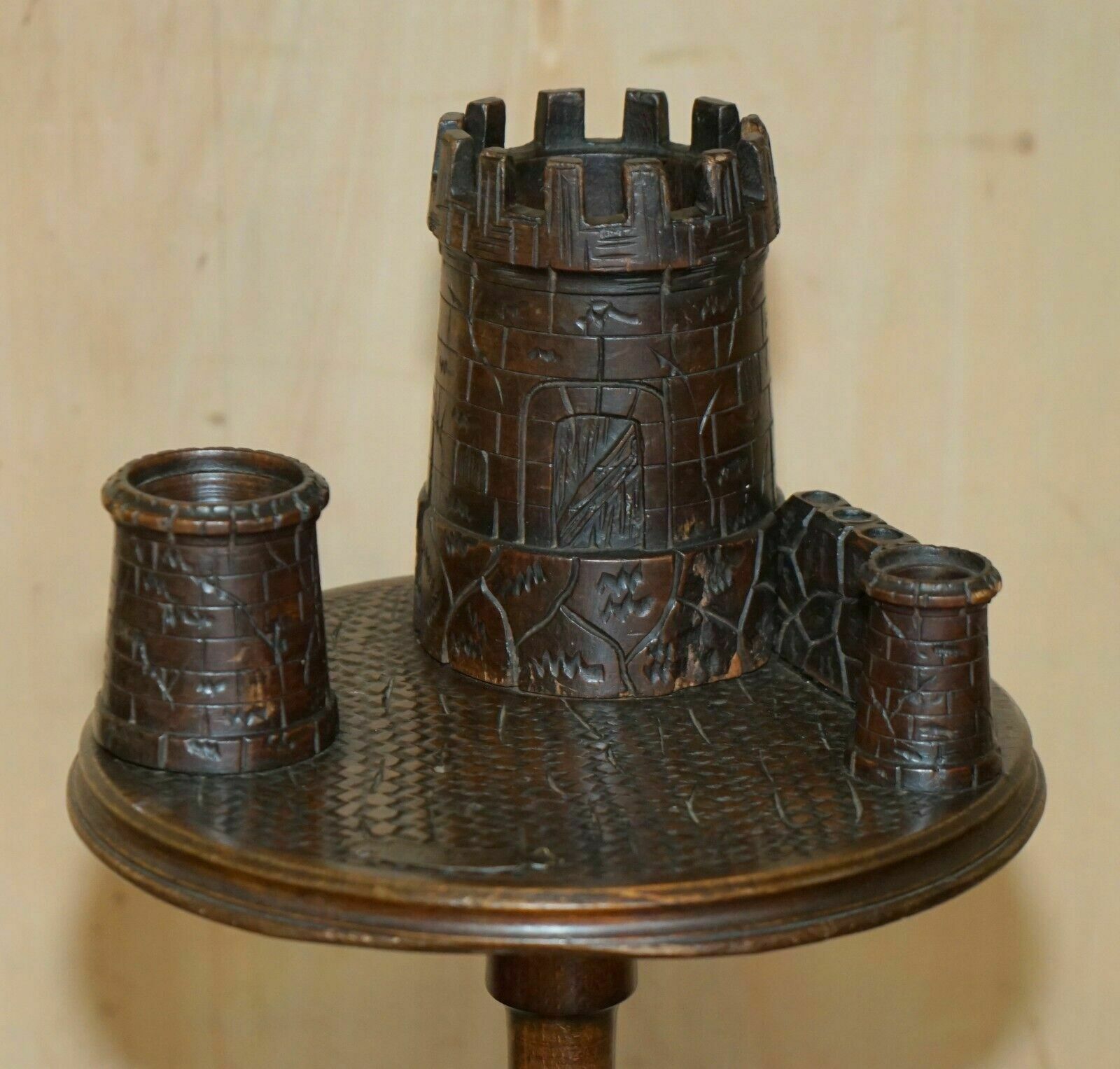 Antique Victorian Smokers Side Table Depicting Castles For Pipes Tobacco Cigars photo for sale