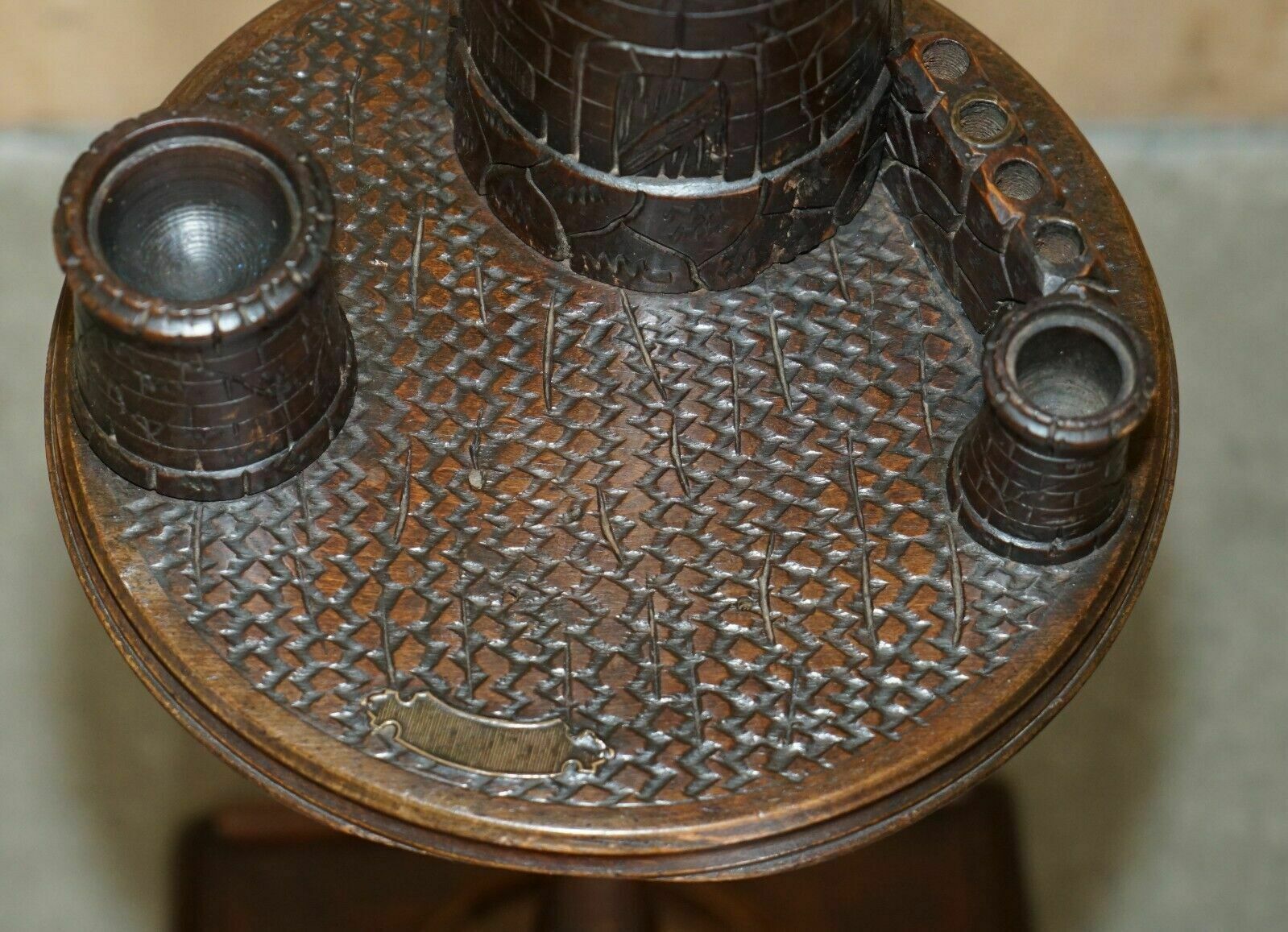 Antique Victorian Smokers Side Table Depicting Castles For Pipes Tobacco Cigars photo vintage