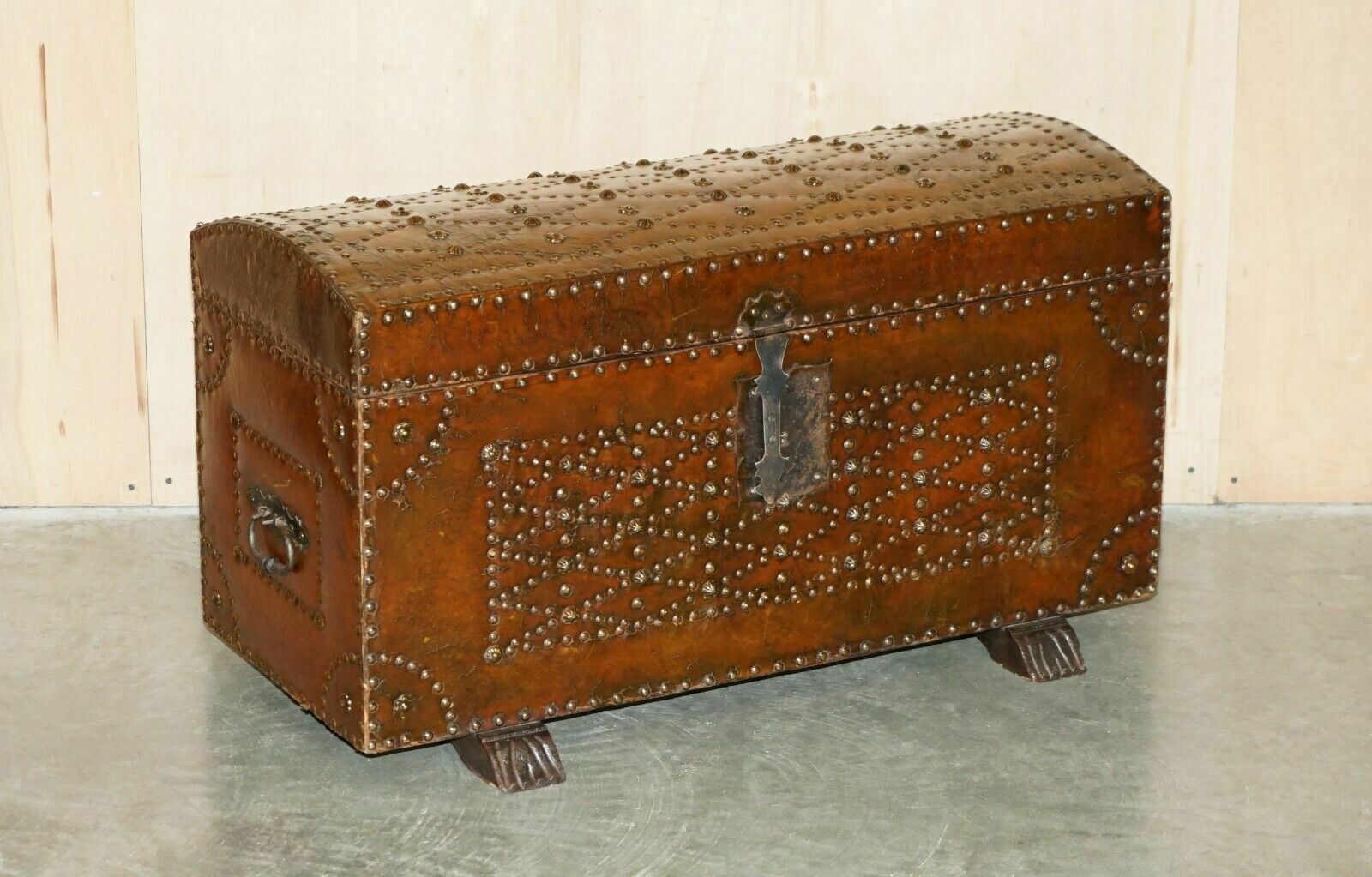 Stunning Restored Antique Victorian Hand Studded Brown Leather Steamer Trunk
