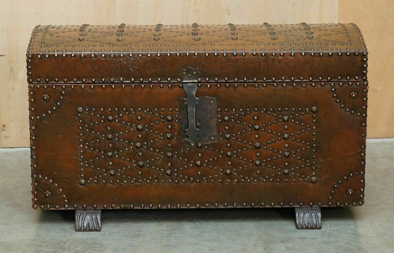 Stunning Restored Antique Victorian Hand Studded Brown Leather Steamer Trunk photo furniture