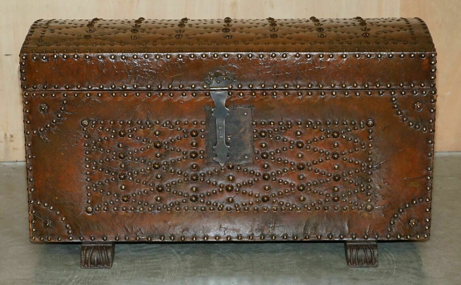 Stunning Restored Antique Victorian Hand Studded Brown Leather Steamer Trunk photo vintage