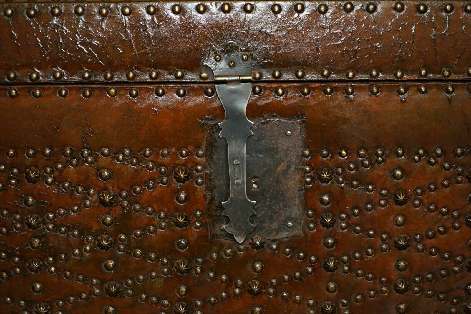 photo for sale Stunning Restored Antique Victorian Hand Studded Brown Leather Steamer Trunk