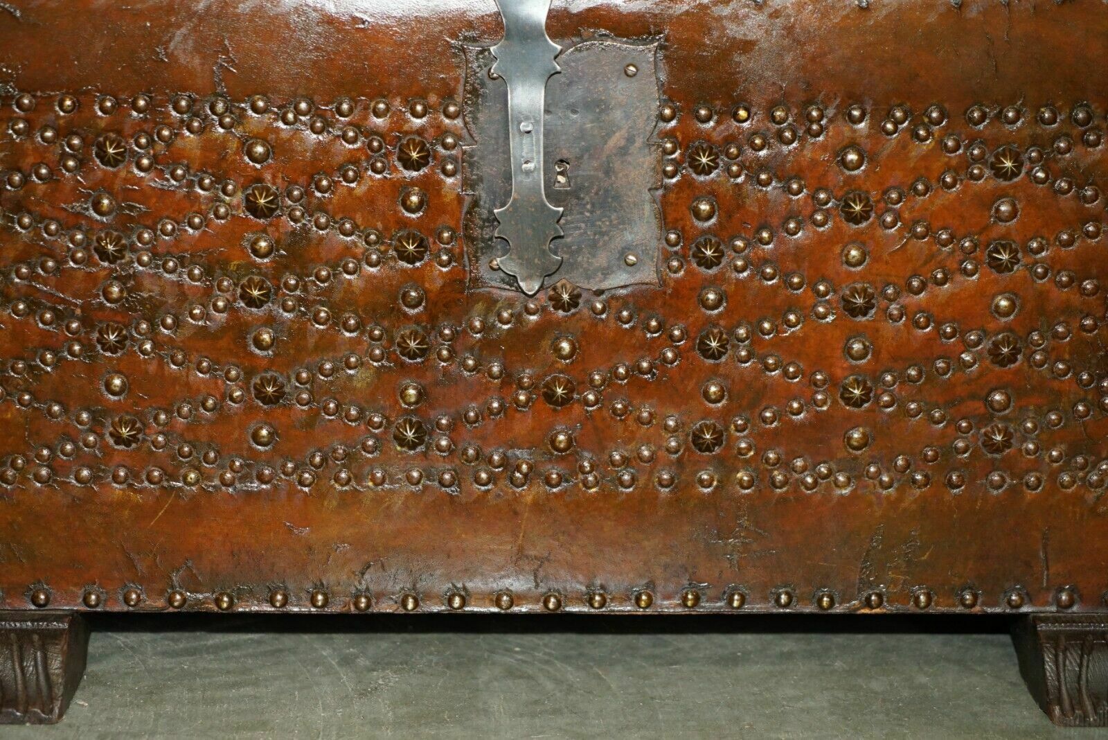 Furniture Stunning Restored Antique Victorian Hand Studded Brown Leather Steamer Trunk photo