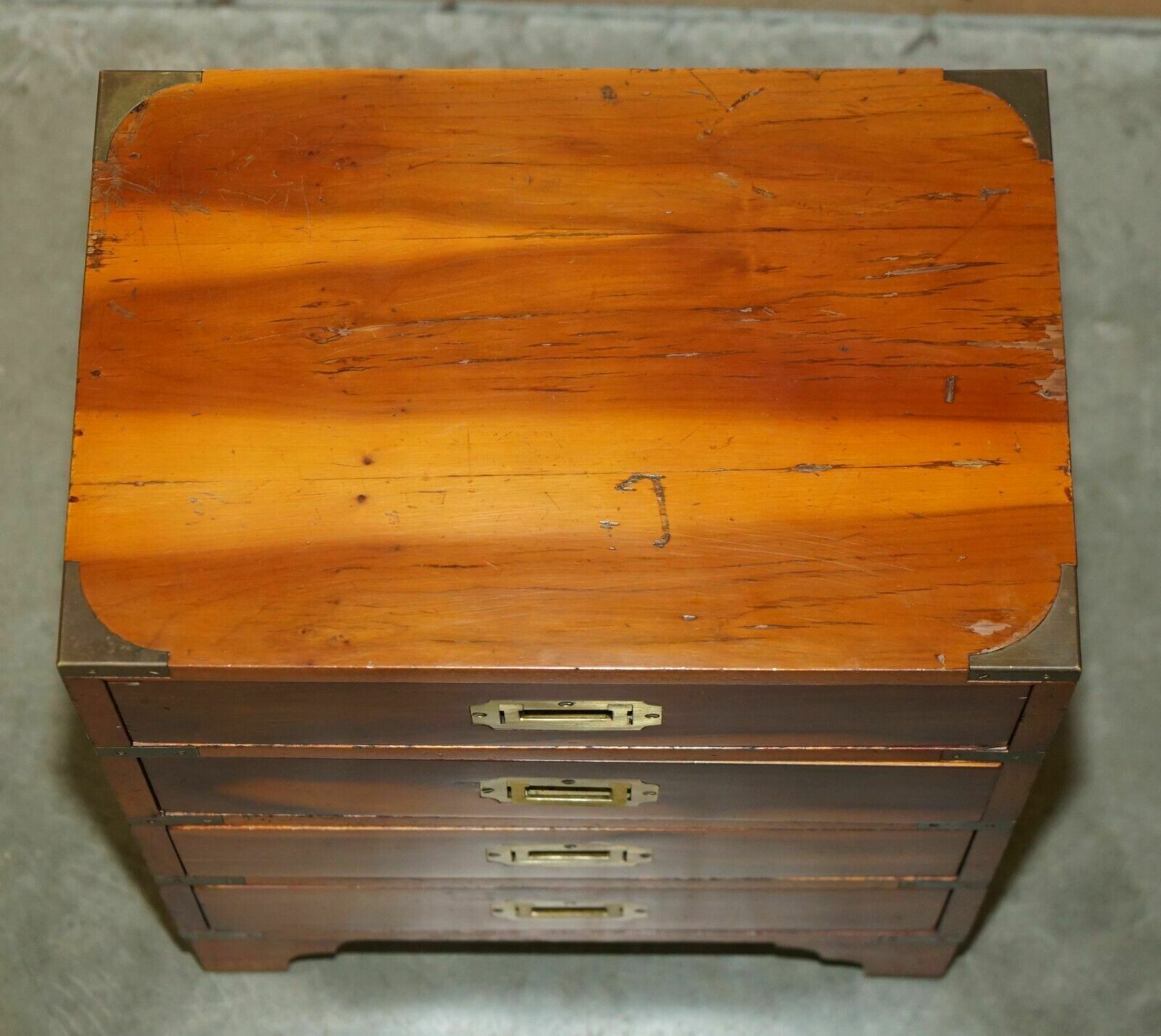 Pair Of Vintage Distressed Military Campaign Burr Yew Wood Side Table Drawers photo Furniture