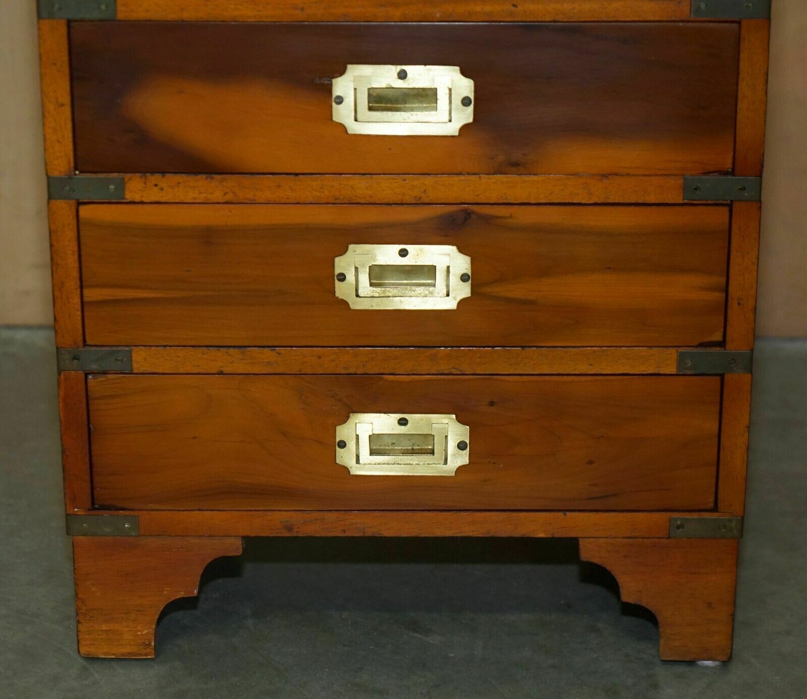 Pair Of Vintage Distressed Military Campaign Burr Yew Wood Side Table Drawers photo vinterior