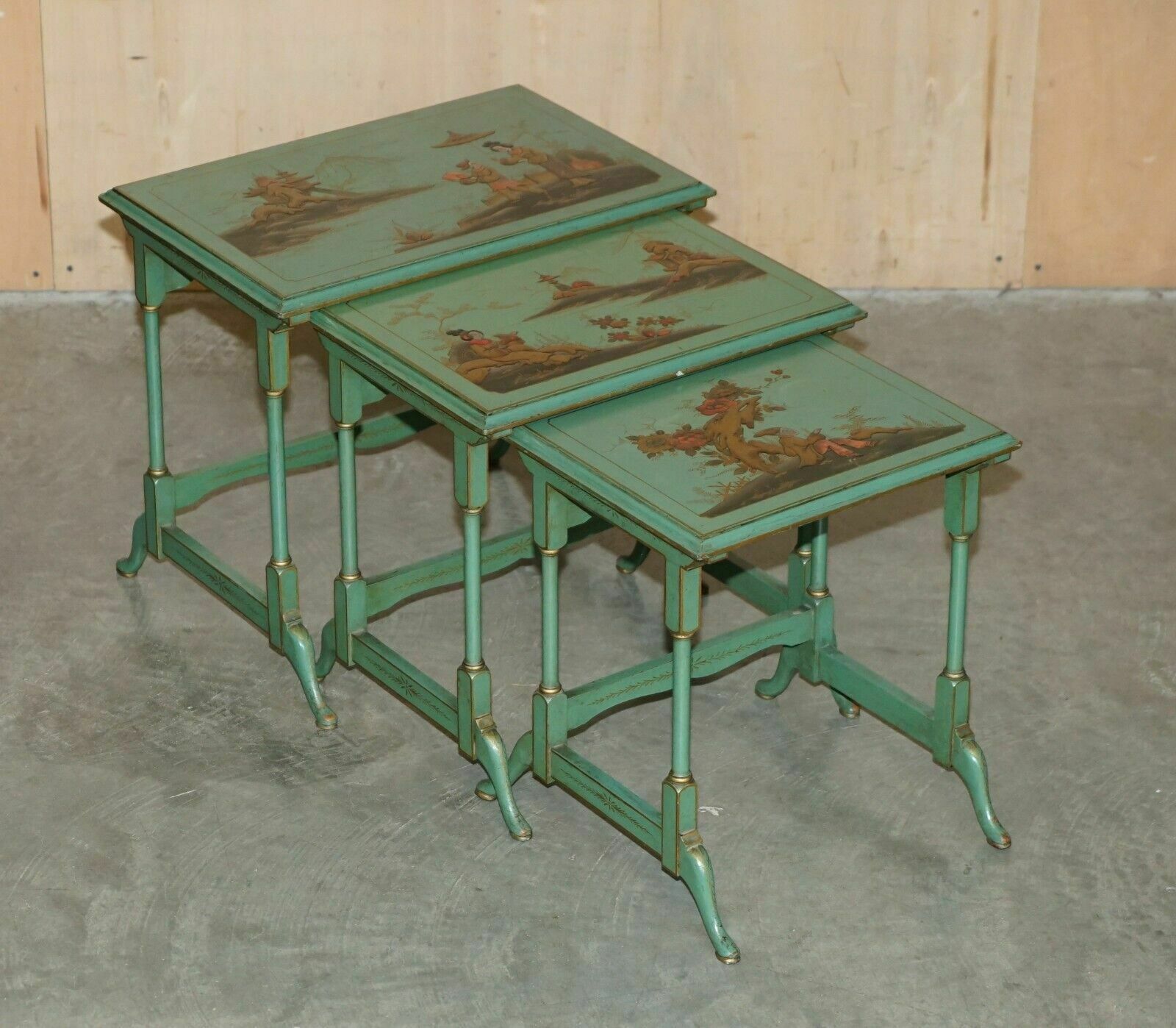 Nest Of Three Antique Circa 1920 Chinese Chinoiserie Side Tables Hand Painted photo furniture