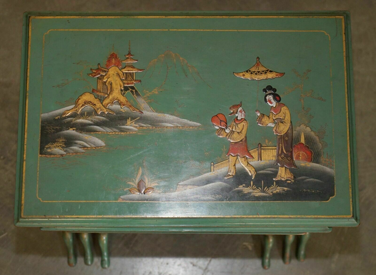 Nest Of Three Antique Circa 1920 Chinese Chinoiserie Side Tables Hand Painted photo vintage