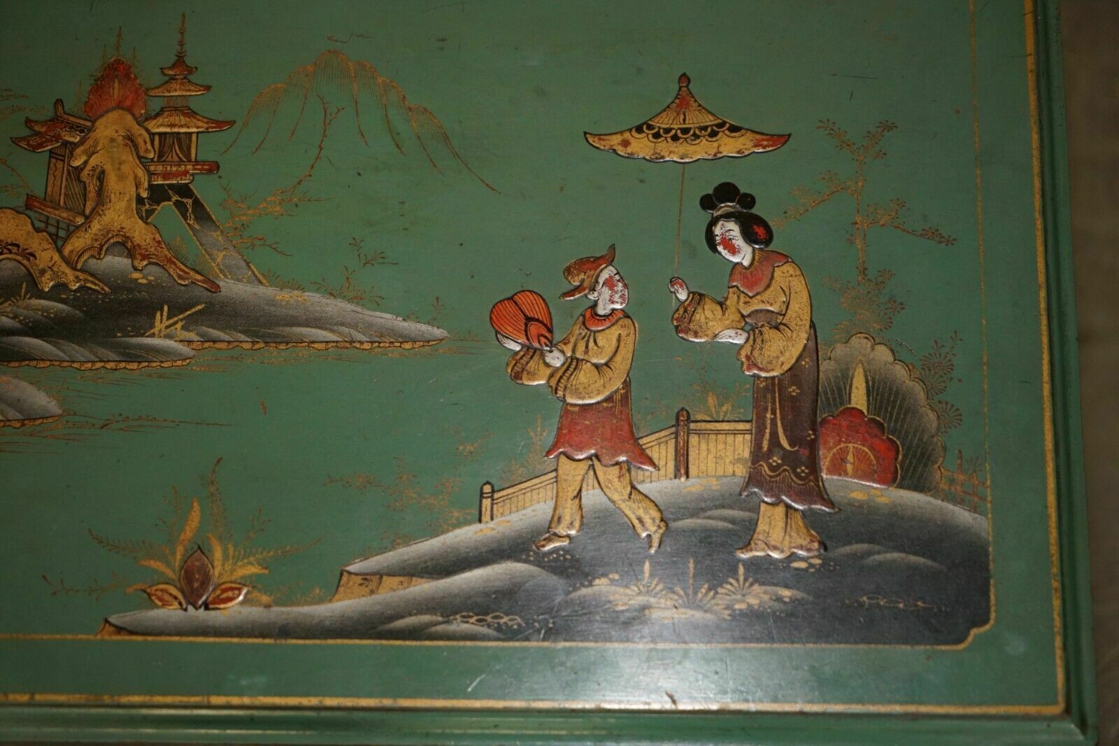 photo for sale Nest Of Three Antique Circa 1920 Chinese Chinoiserie Side Tables Hand Painted