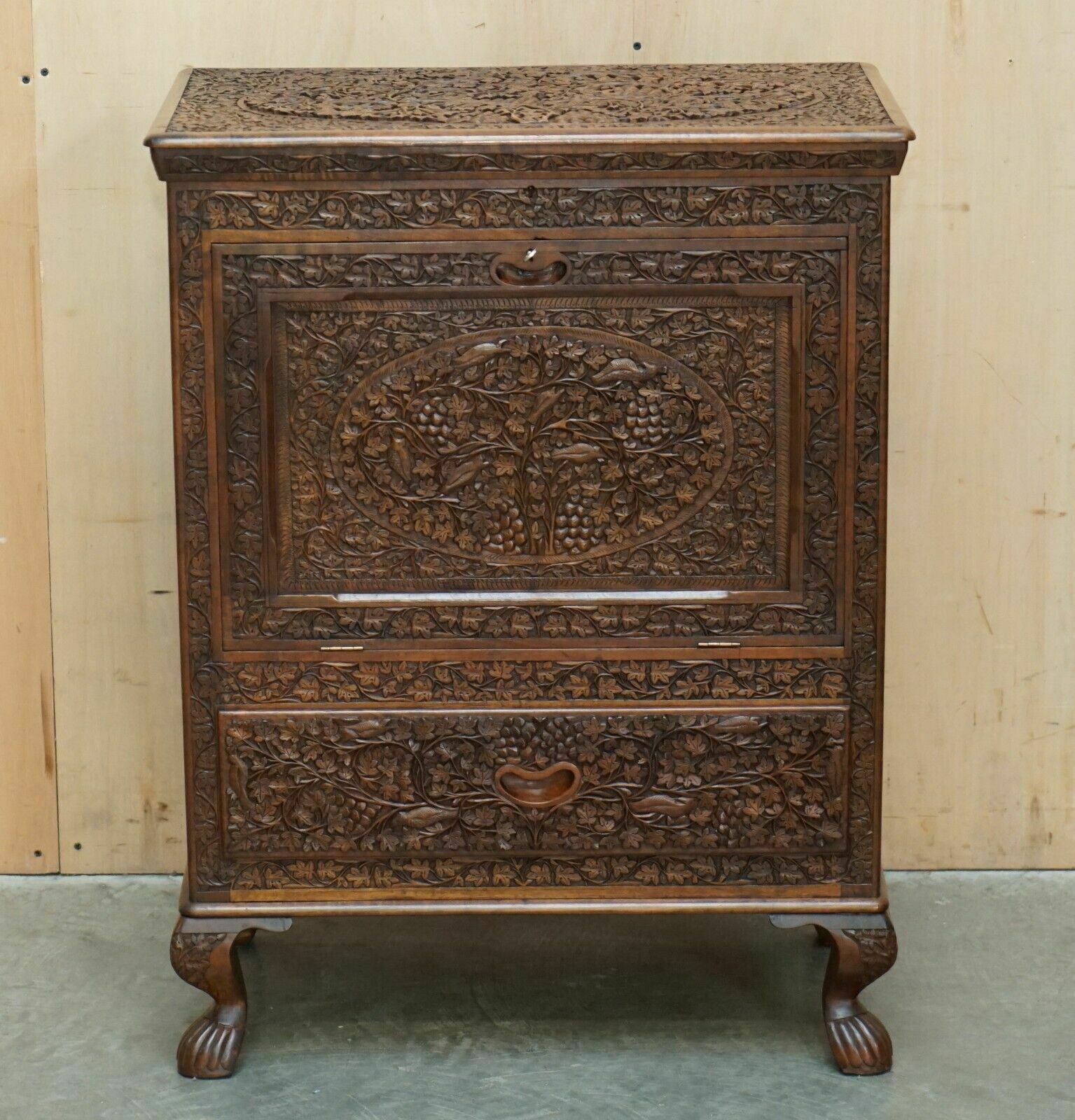 Antique Ornately Carved British Colonial Burmese Drinks Cabinet Bar With Key photo furniture