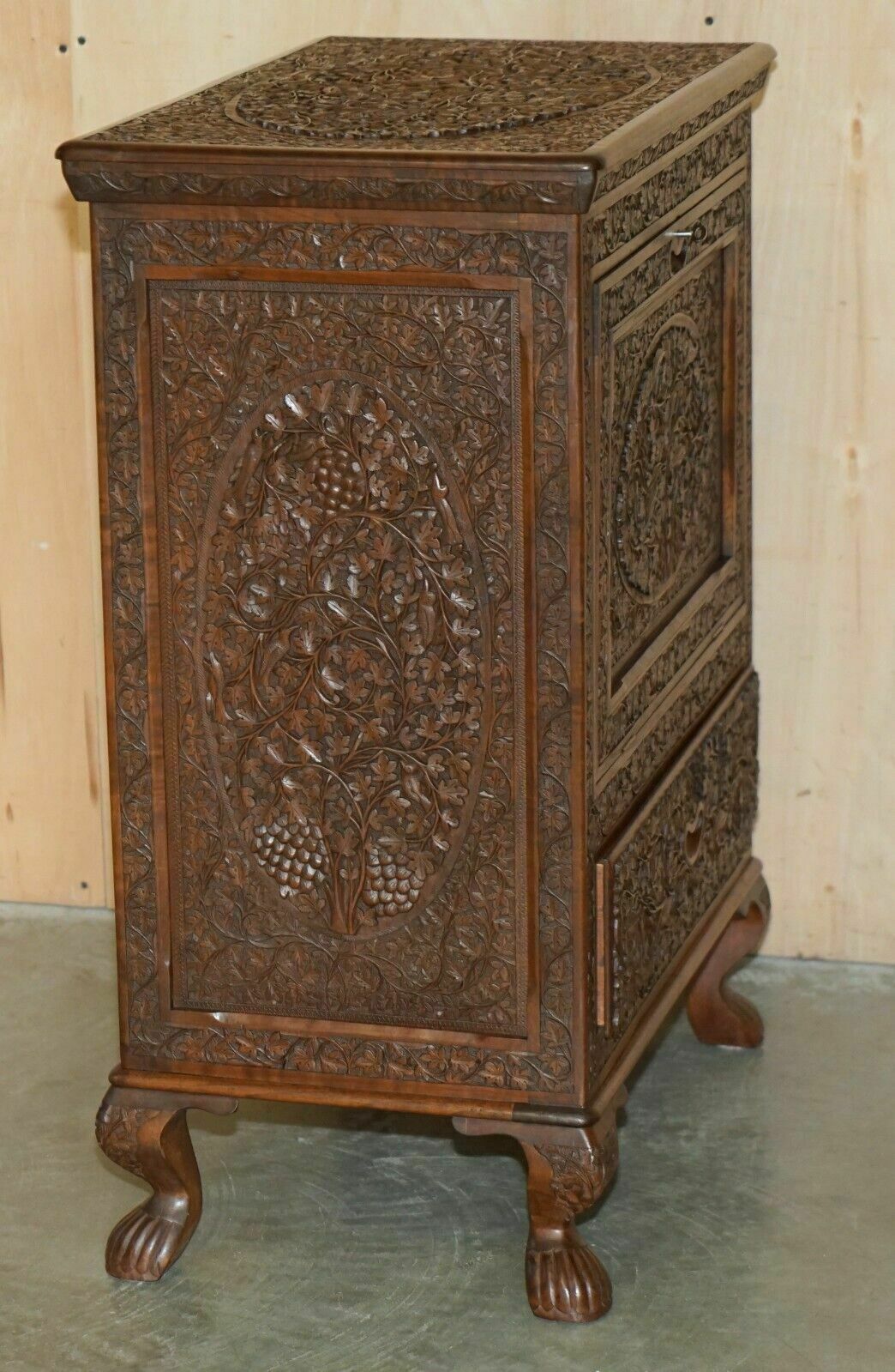 photo buy Antique Ornately Carved British Colonial Burmese Drinks Cabinet Bar With Key