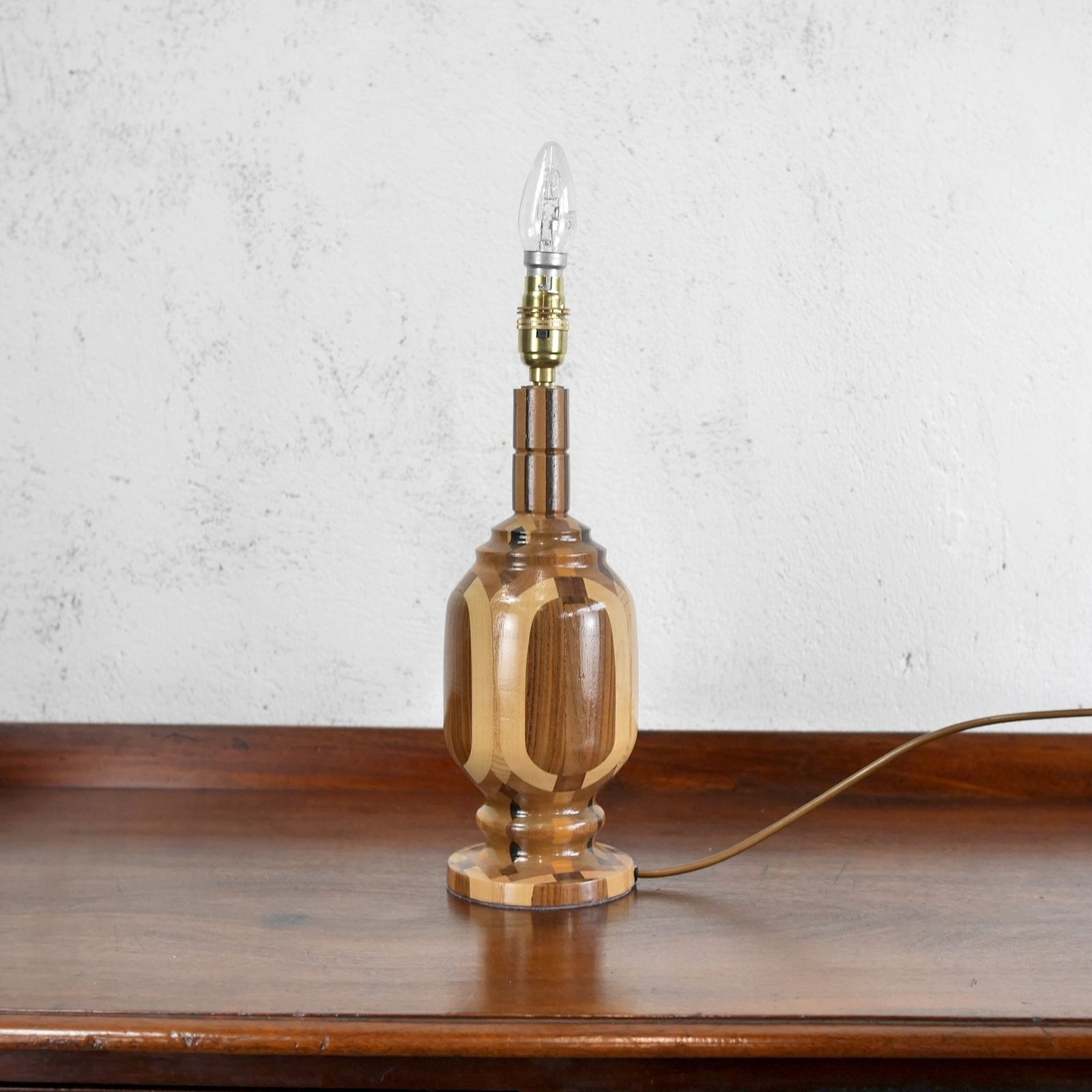 Lighting Vintage Mid Century Two Tone Wood Teak Table Lamp Shade Danish Era photo