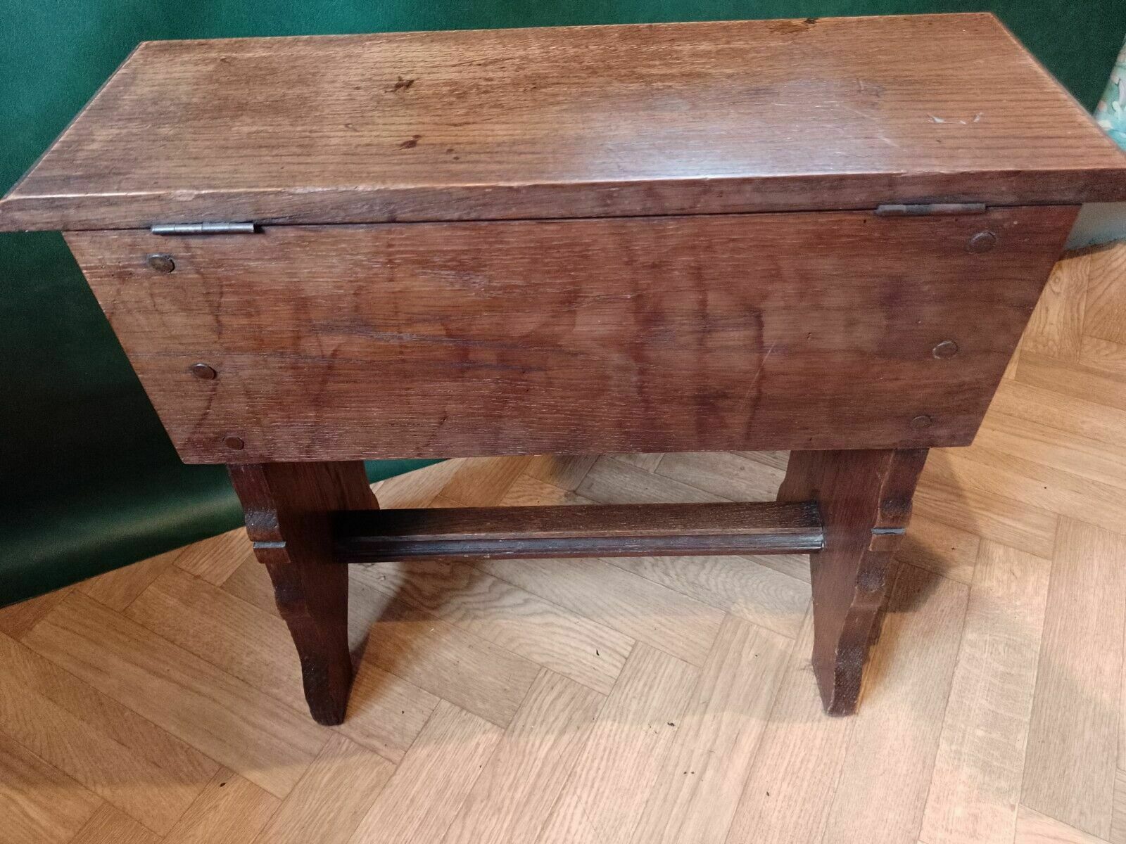 photo furniture Antique Oak Carved Jointed Lidded Box Stool Sewing Side Table Elizabethan Style