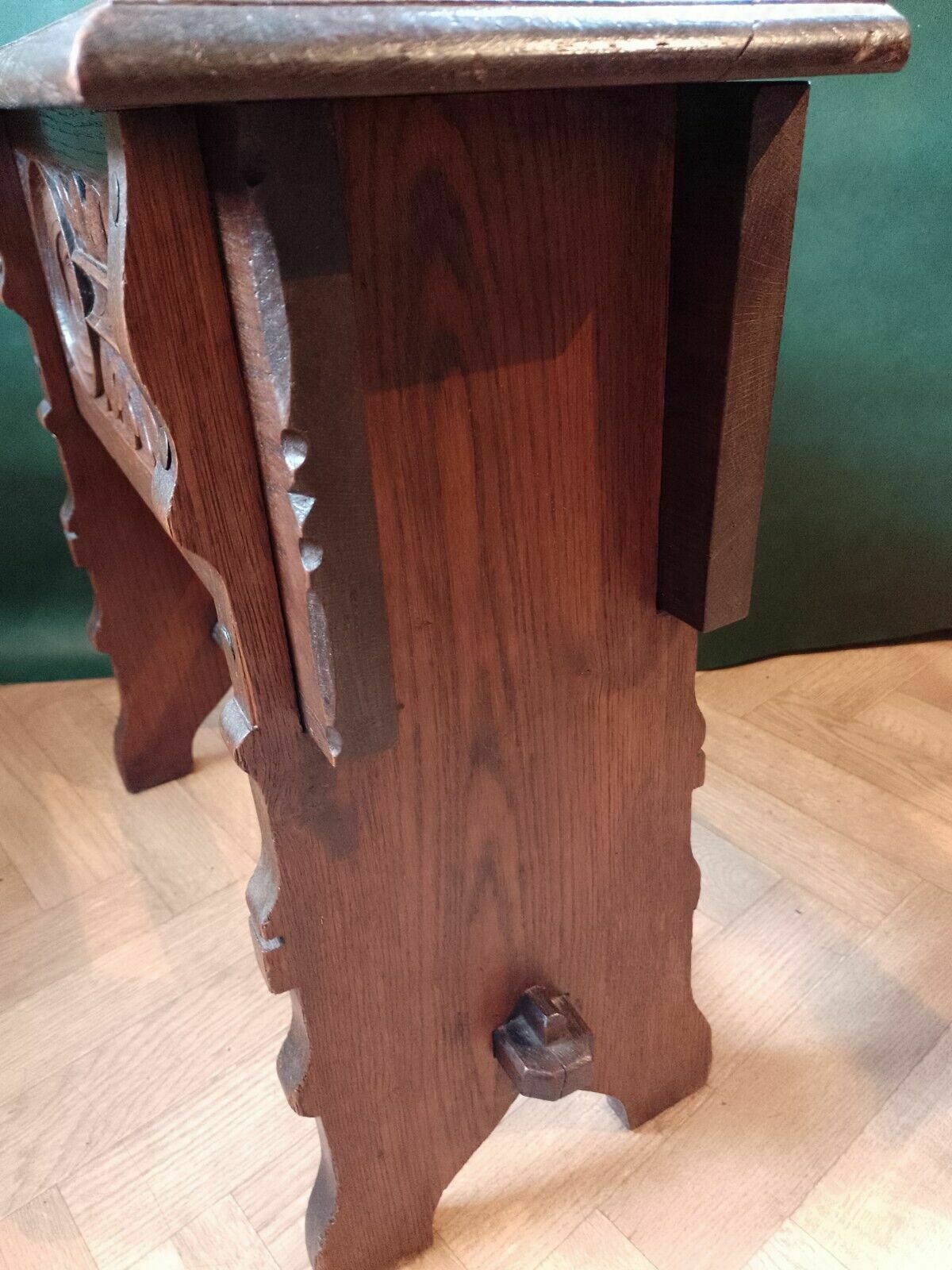 photo vinterior Antique Oak Carved Jointed Lidded Box Stool Sewing Side Table Elizabethan Style