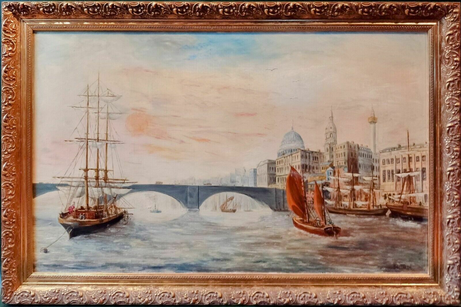 Antique Style Large Signed Oil Painting Ships Thames London St Paul's Cathedral photo buy