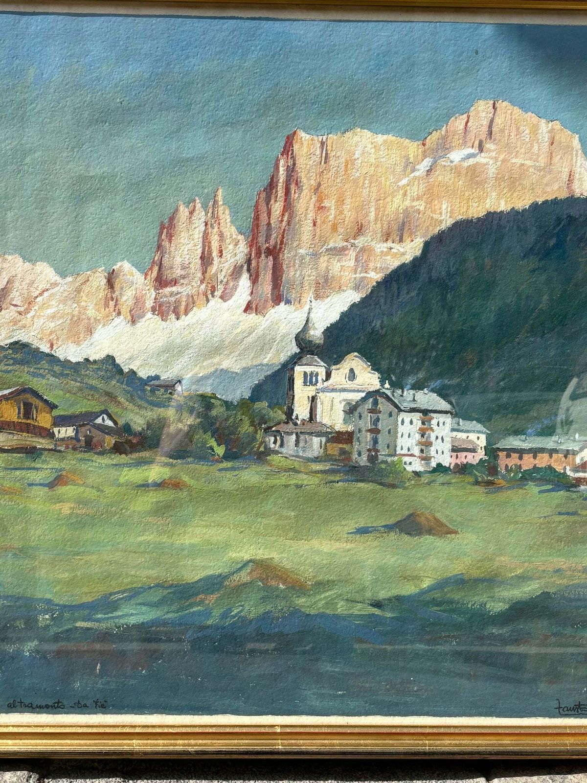 Tempera Paper Painting 'The Catenaccio At Sunset From Fiè' By Fausto Cattaneo From 1950 photo for sale