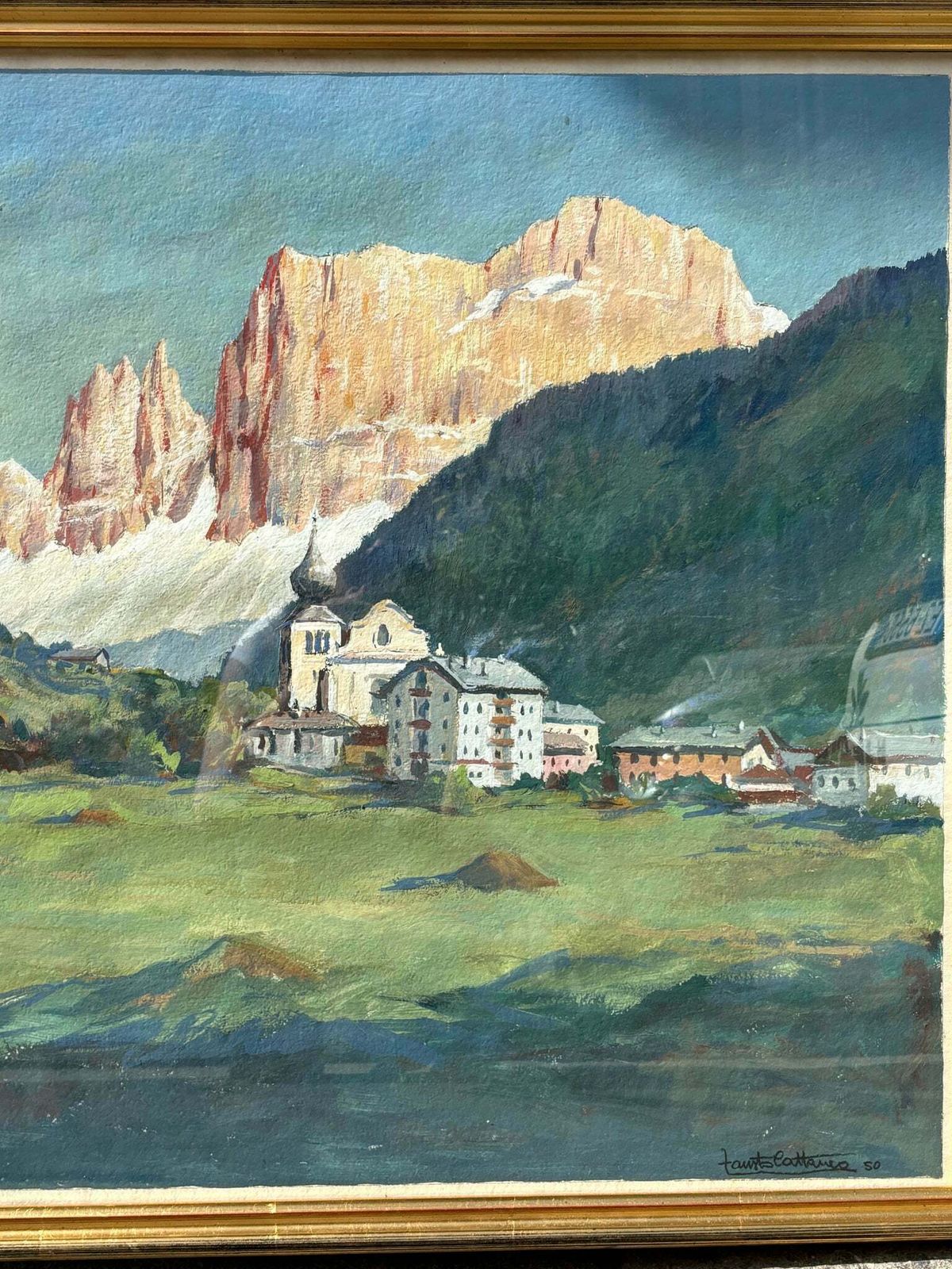 Tempera Paper Painting 'The Catenaccio At Sunset From Fiè' By Fausto Cattaneo From 1950 photo Art