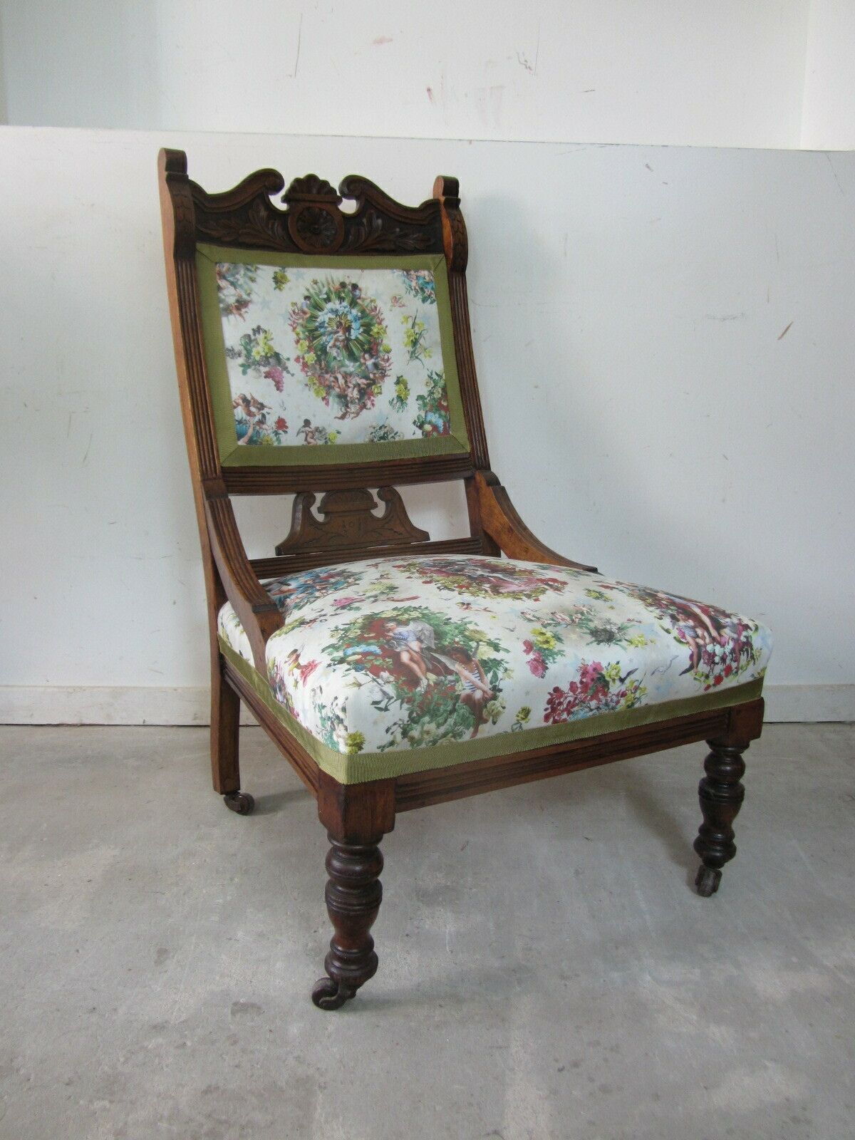 photo for sale Antique Mahogany Nursing Chair, Traditionally Upholstered With Jean Paul Gaultier Fabric