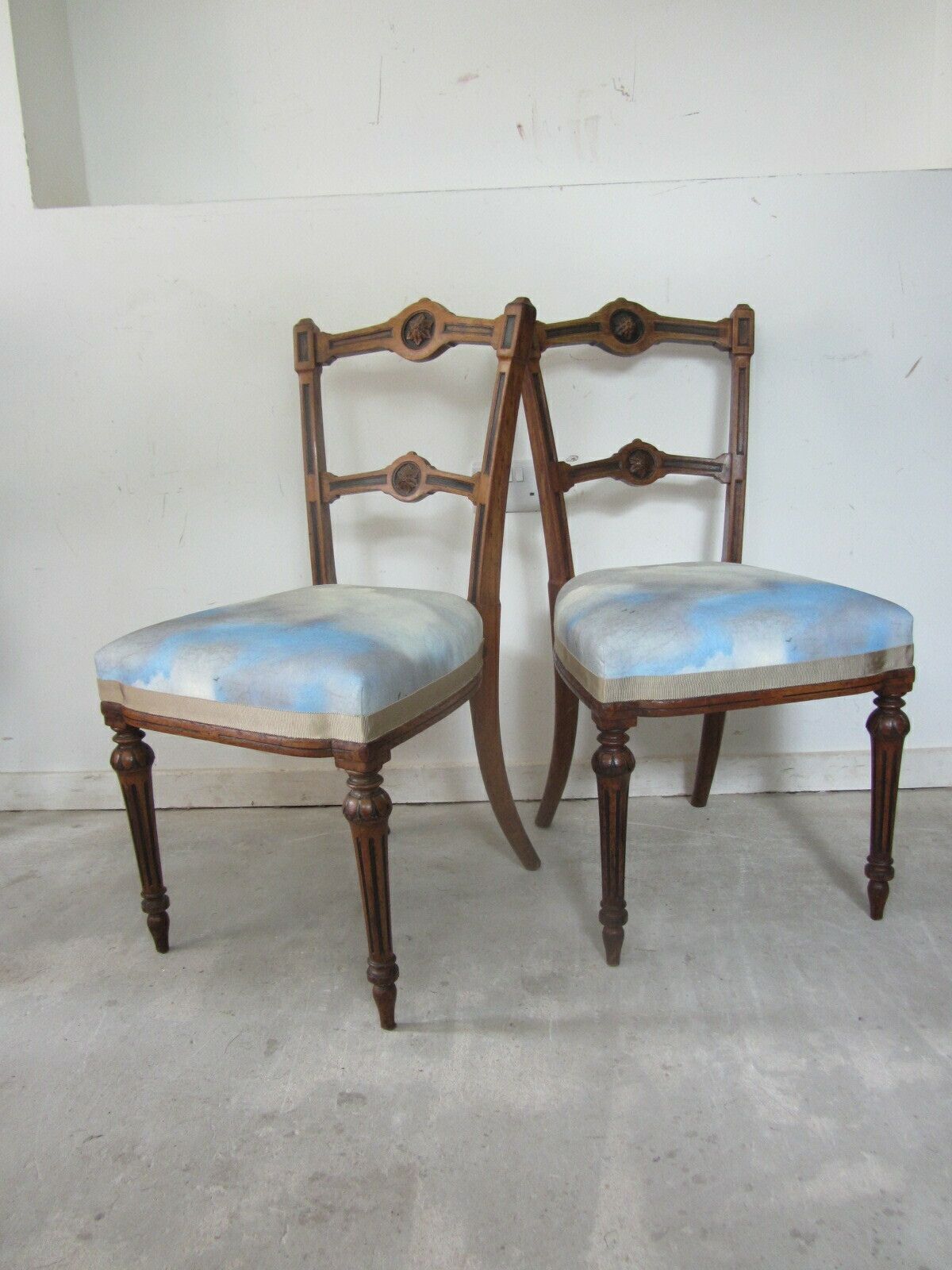 Pair Of Antique Aesthetic Movement Dining Chairs, Traditionally Upholstered With Blue Cloudscape Cotton Fabric