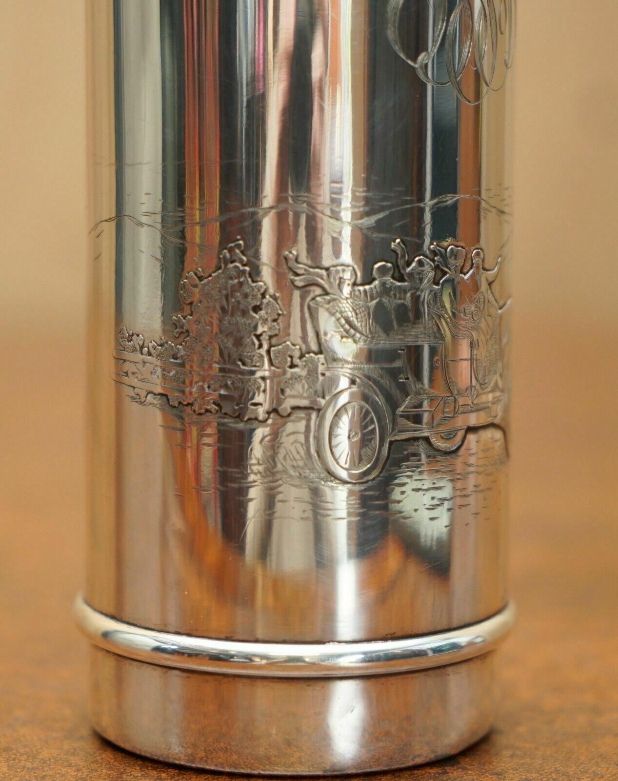 Super Rare Antique Edwardian Sterling Silver Flask Depicting People Racing Cars photo Home Decor