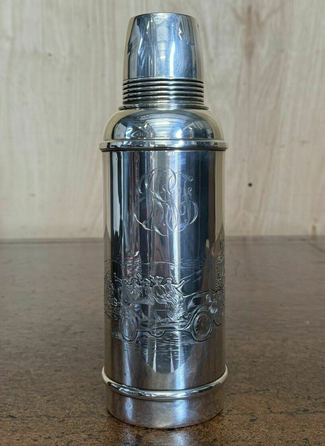 2350.0 Super Rare Antique Edwardian Sterling Silver Flask Depicting People Racing Cars photo