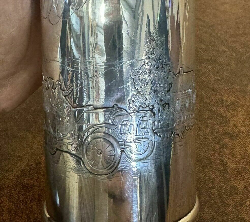 photo vintage Super Rare Antique Edwardian Sterling Silver Flask Depicting People Racing Cars