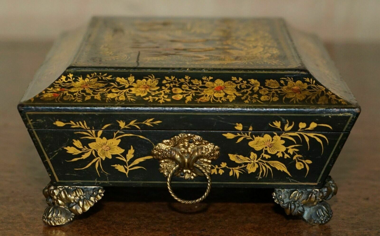 photo for sale Sublime Antique English Georgian 1820 Chinese Chinoiserie Penwork Jewellery Box