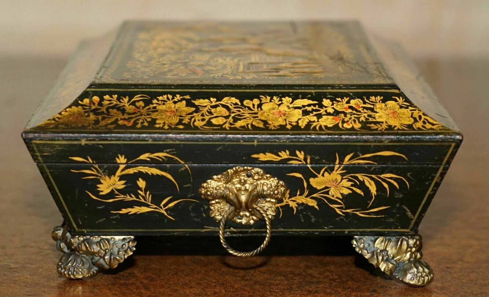 2950.0 Sublime Antique English Georgian 1820 Chinese Chinoiserie Penwork Jewellery Box photo