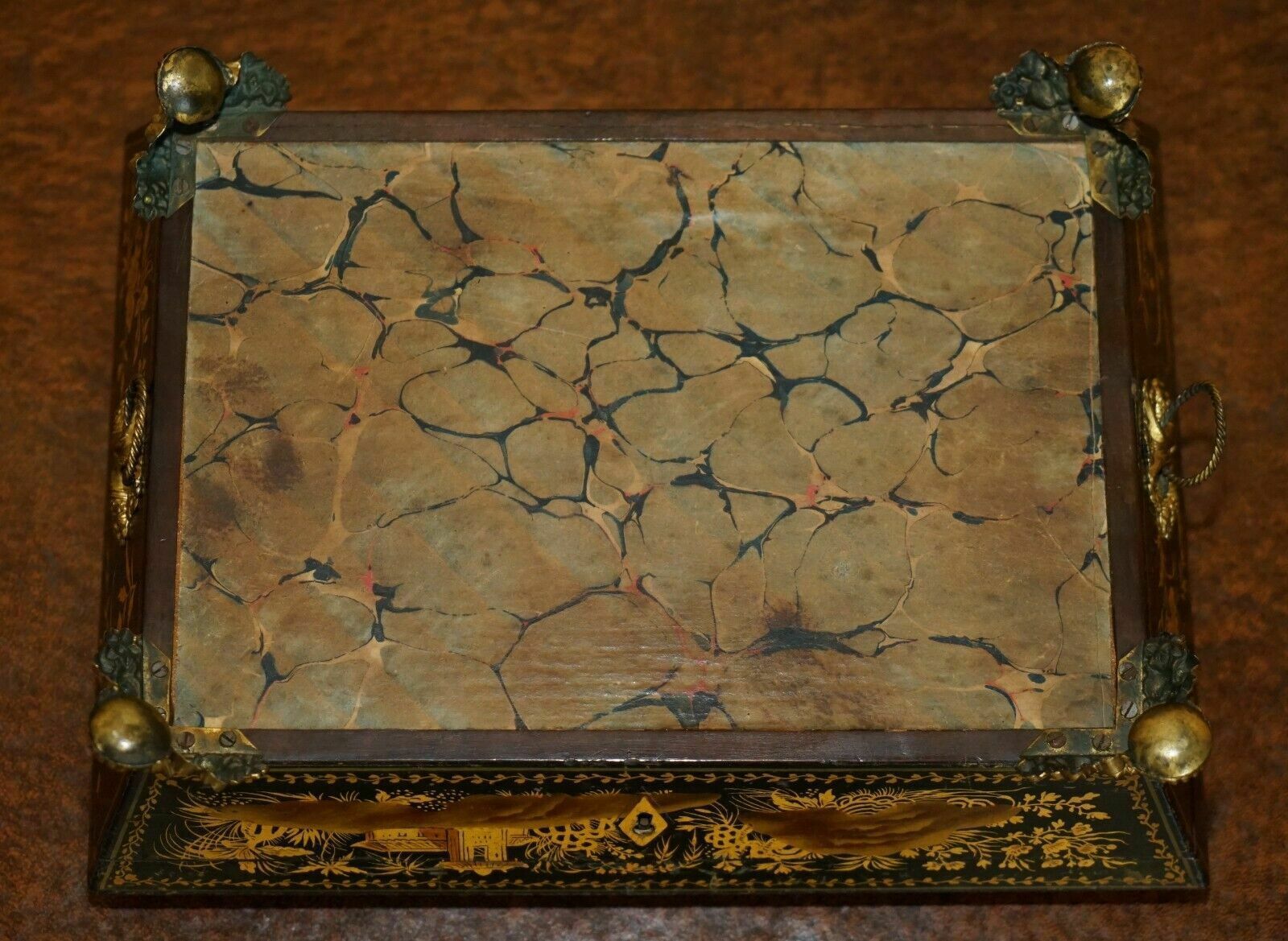 photo vinterior Sublime Antique English Georgian 1820 Chinese Chinoiserie Penwork Jewellery Box
