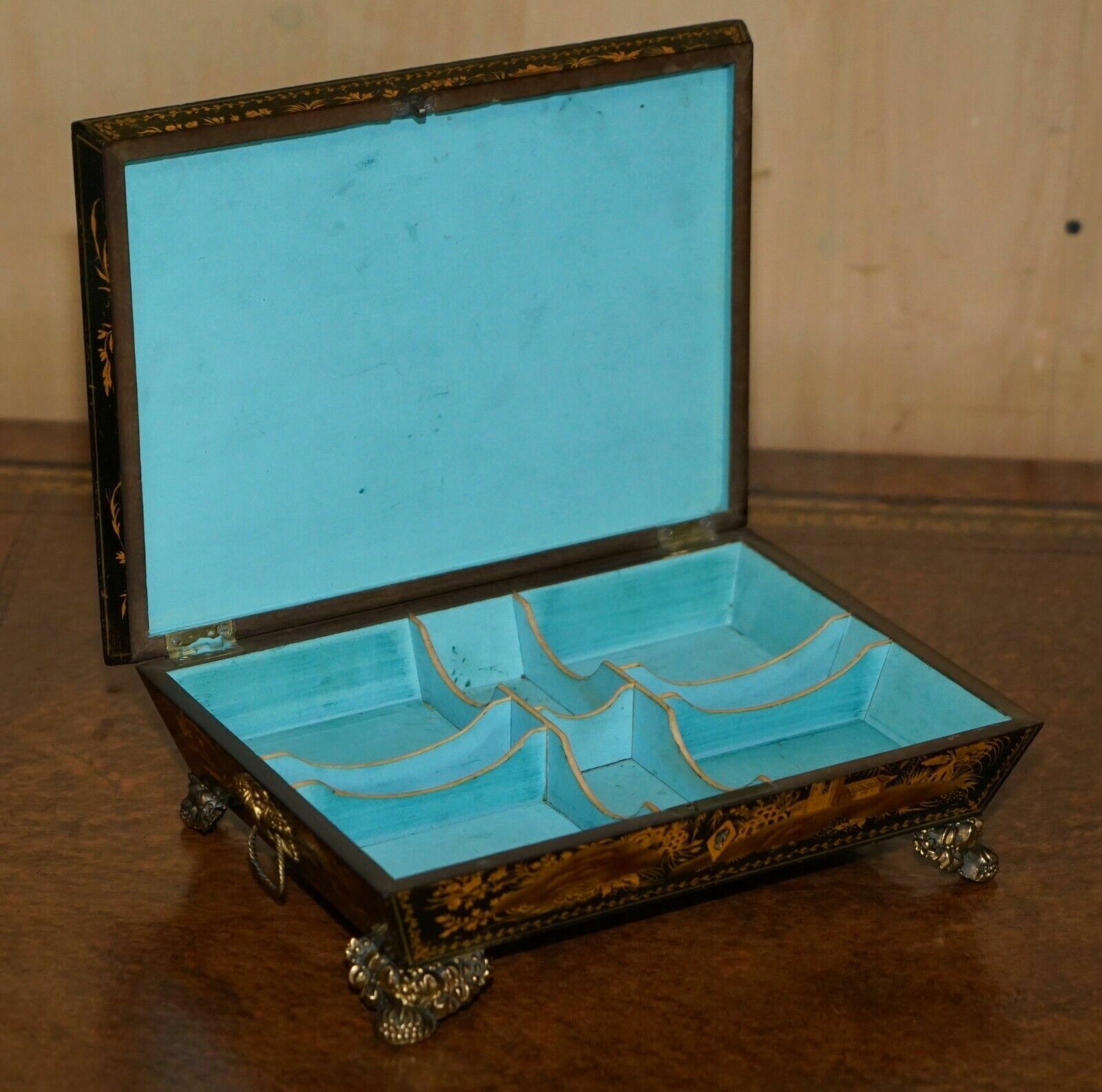 photo buy Sublime Antique English Georgian 1820 Chinese Chinoiserie Penwork Jewellery Box