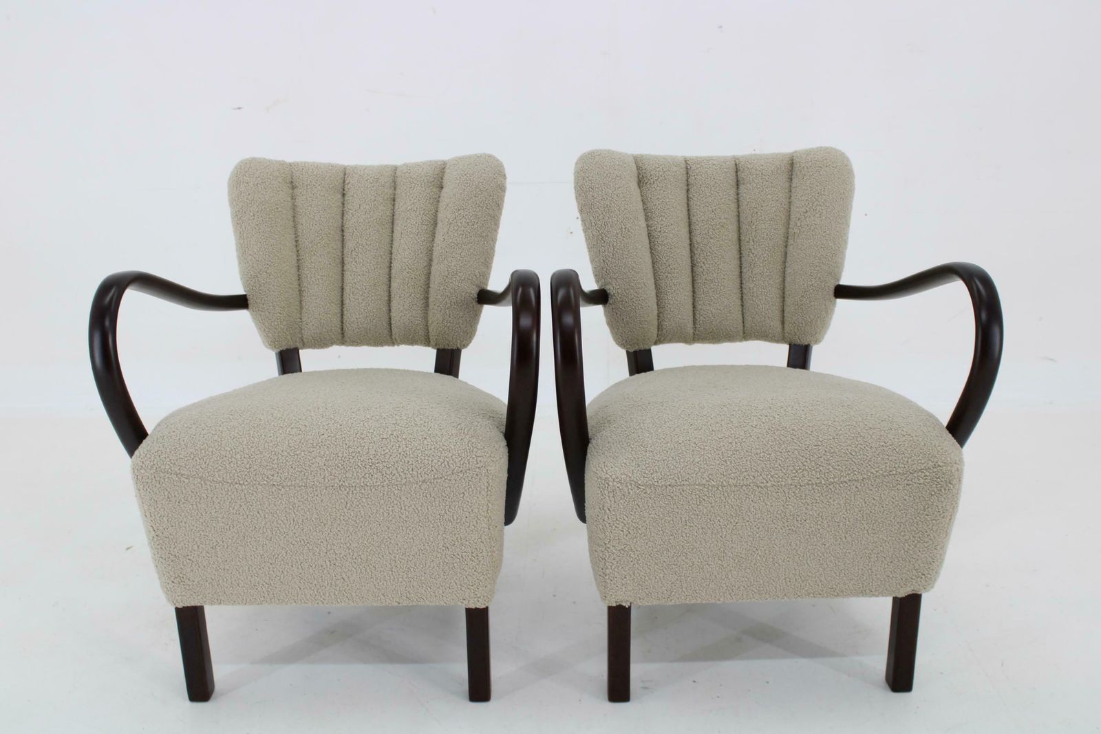 1930s Pair Of Jindrich Halabala Art Deco H 237 Armchairs In Bouclé, Restored photo furniture